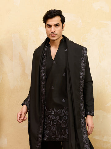 Classic Black Viscose Silk Embroidered Work Kurta Pant Dupatta Set