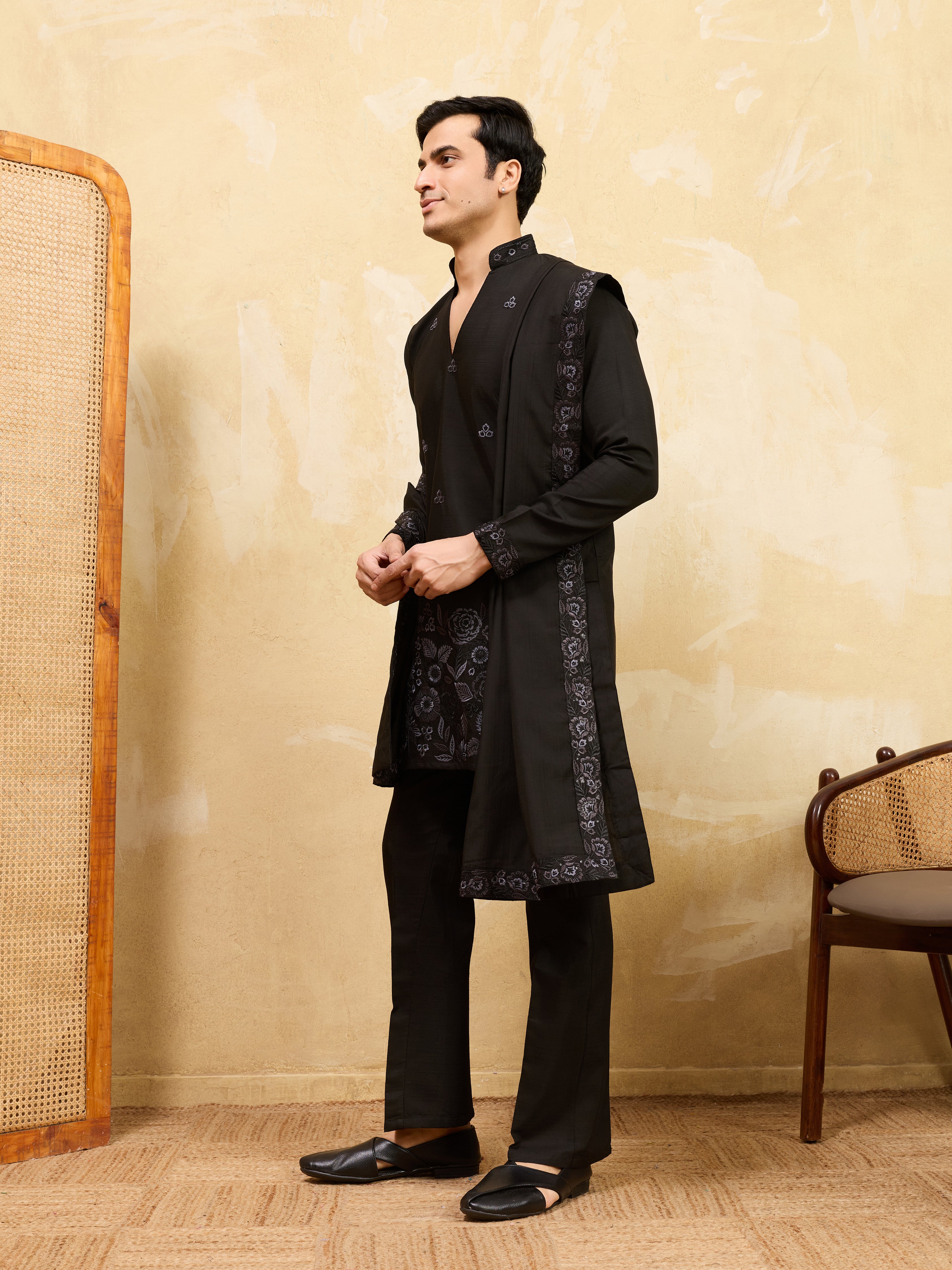 Classic Black Viscose Silk Embroidered Work Kurta Pant Dupatta Set
