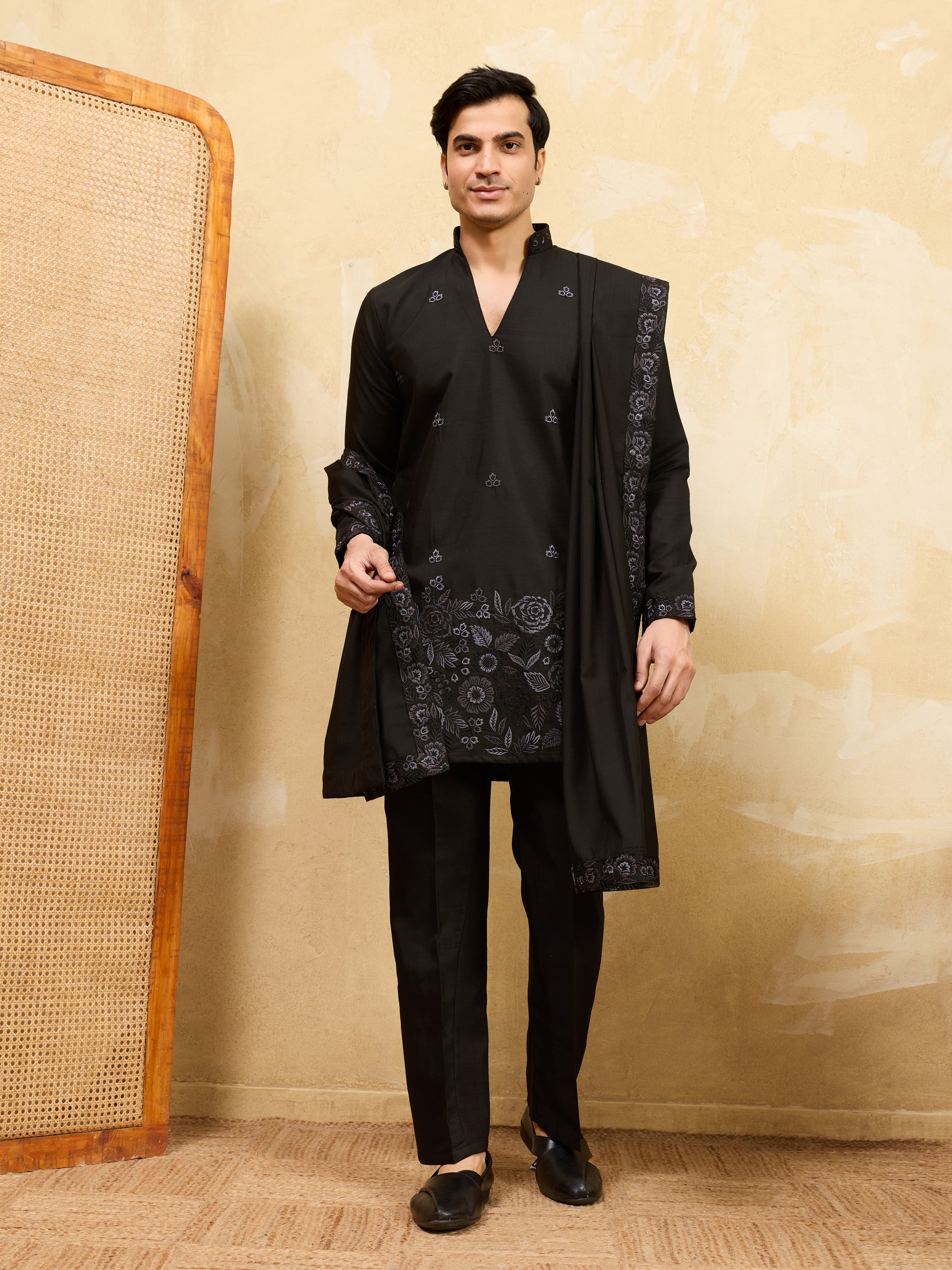 Classic Black Viscose Silk Embroidered Work Kurta Pant Dupatta Set
