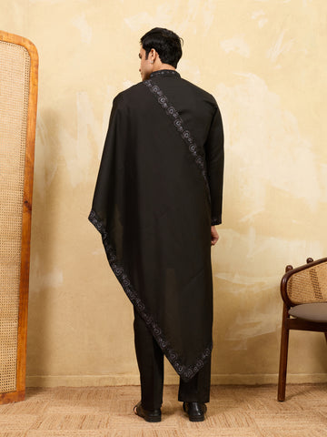 Classic Black Viscose Silk Embroidered Work Kurta Pant Dupatta Set
