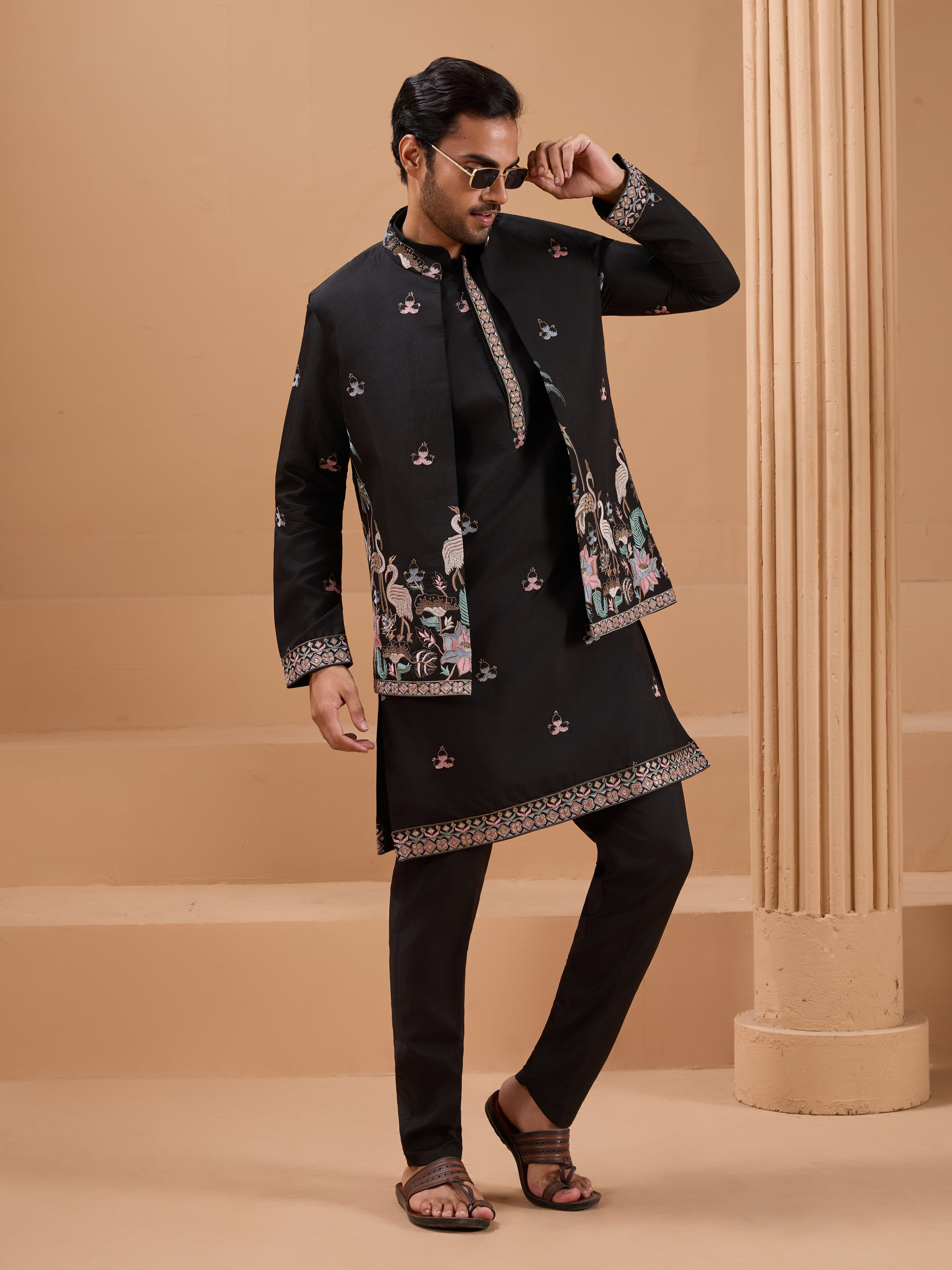 Black Color Embroidered and Sequence Mens Kurta Jacket and Pant Set