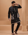 Black Color Embroidered and Sequence Mens Kurta Jacket and Pant Set
