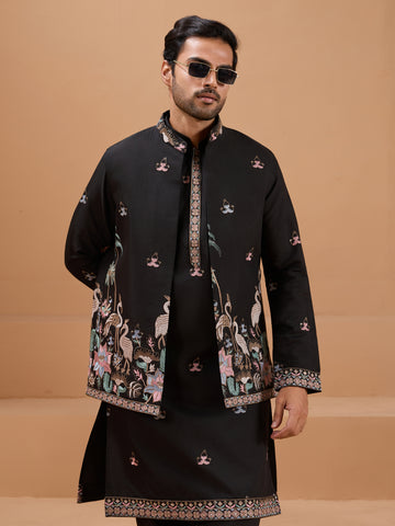 Black Color Embroidered and Sequence Mens Kurta Jacket and Pant Set
