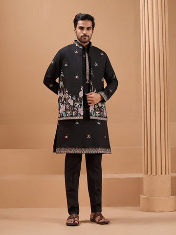 Black Color Embroidered and Sequence Mens Kurta Jacket and Pant Set