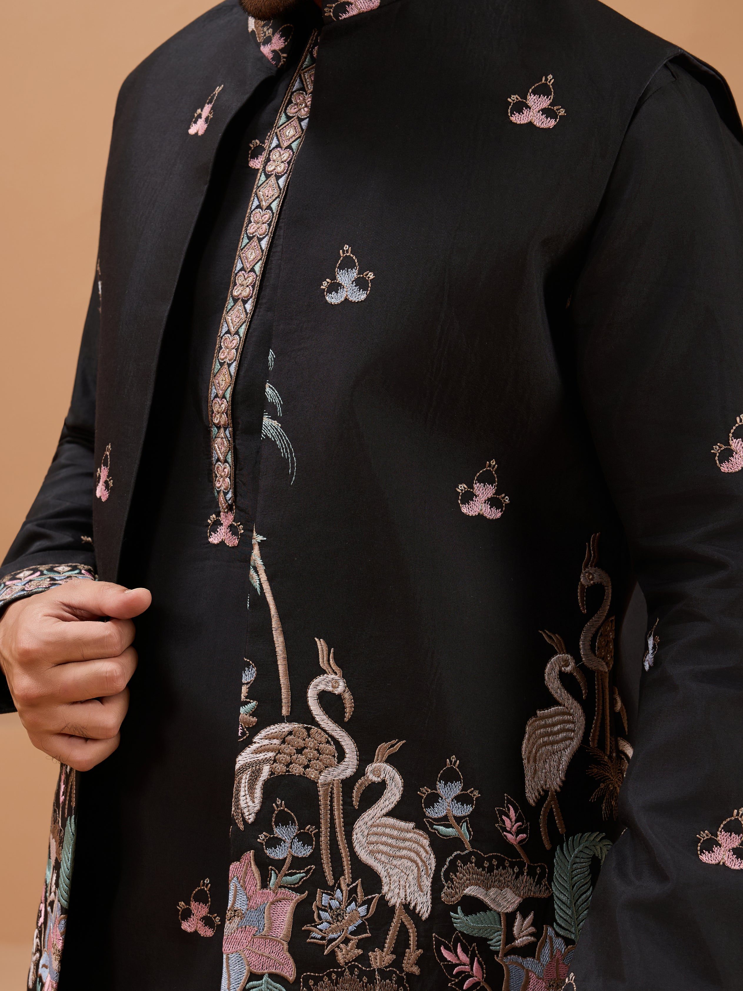 
Black Color Embroidered and Sequence Mens Kurta Jacket and Pant Set