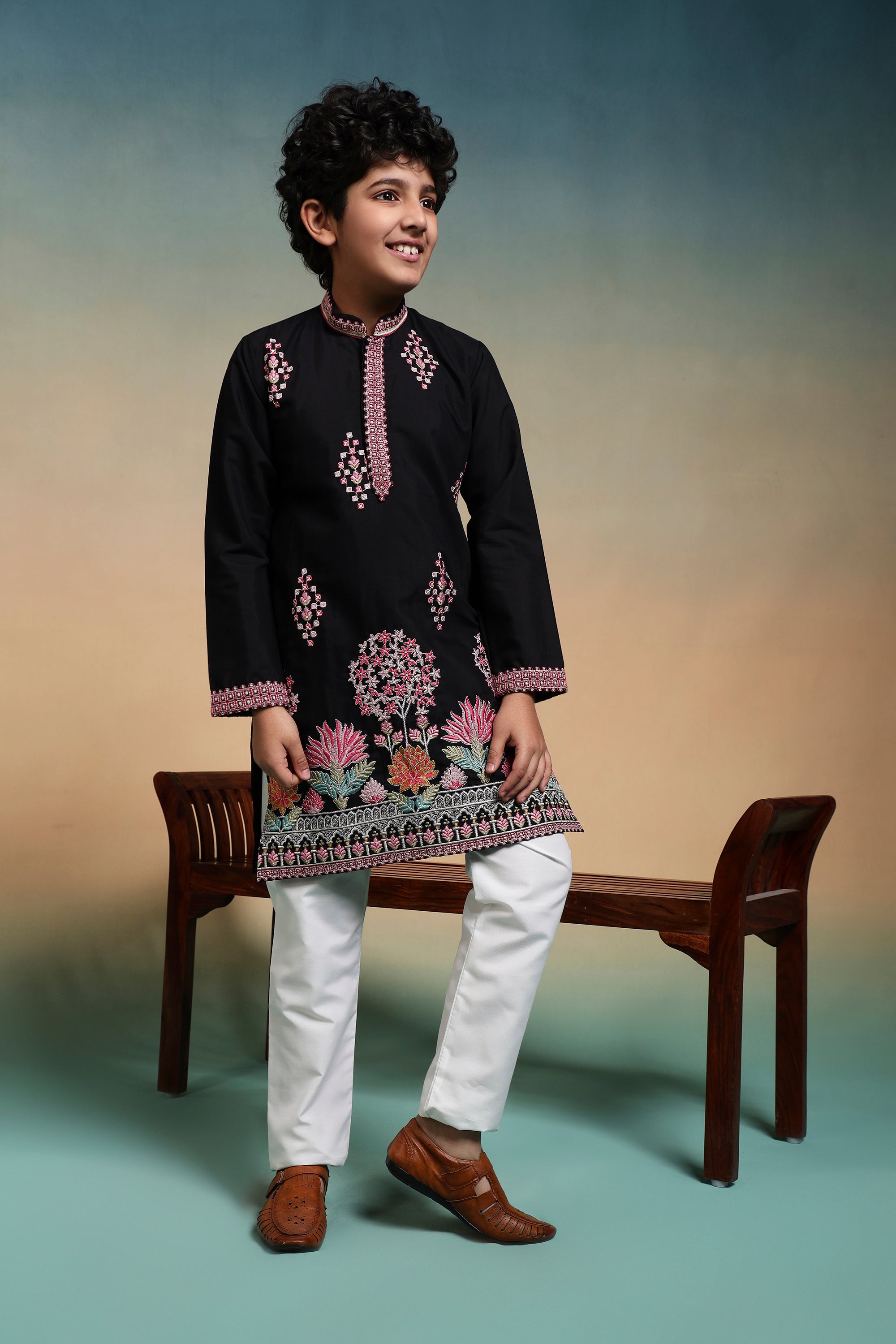 Classic Black Multi Thread Sequence Work Kurta Set