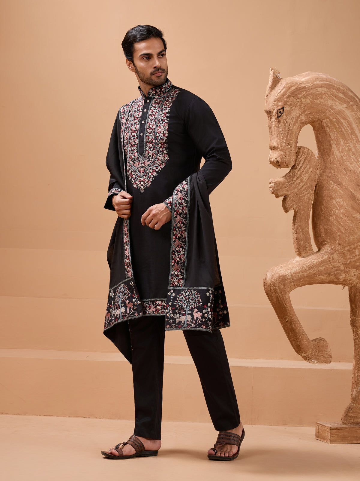 Luxury Wedding Look Black Kurta with Dupatta for Mens Wear