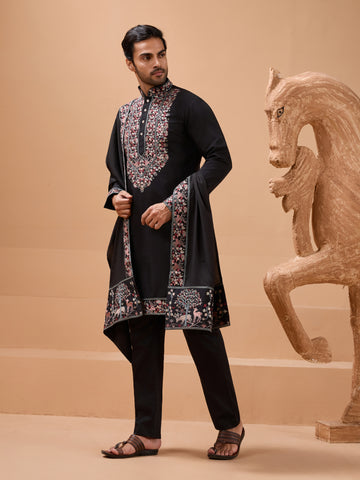 Luxury Wedding Look Black Kurta with Dupatta for Mens Wear