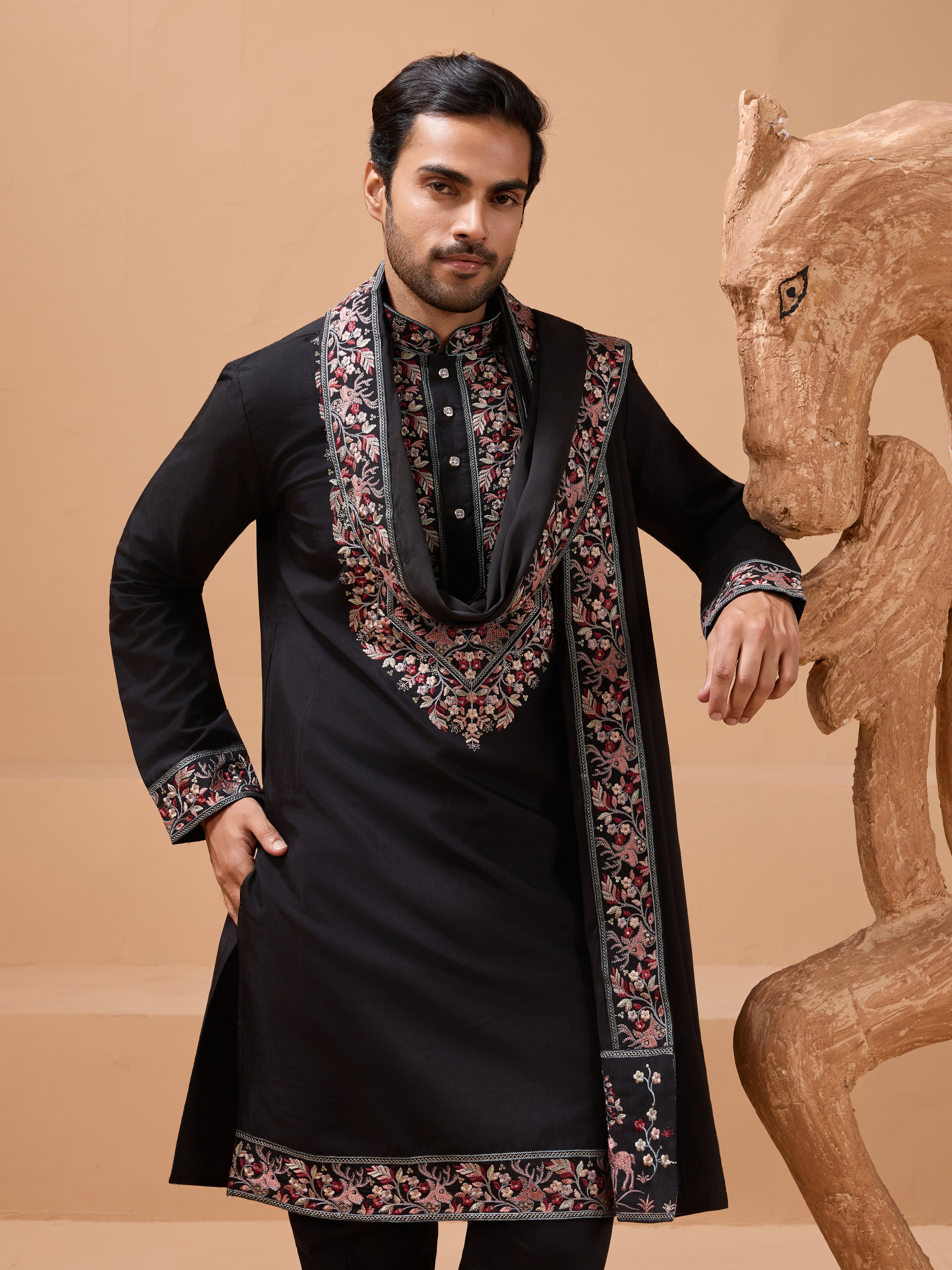 Luxury Wedding Look Black Kurta with Dupatta for Mens Wear