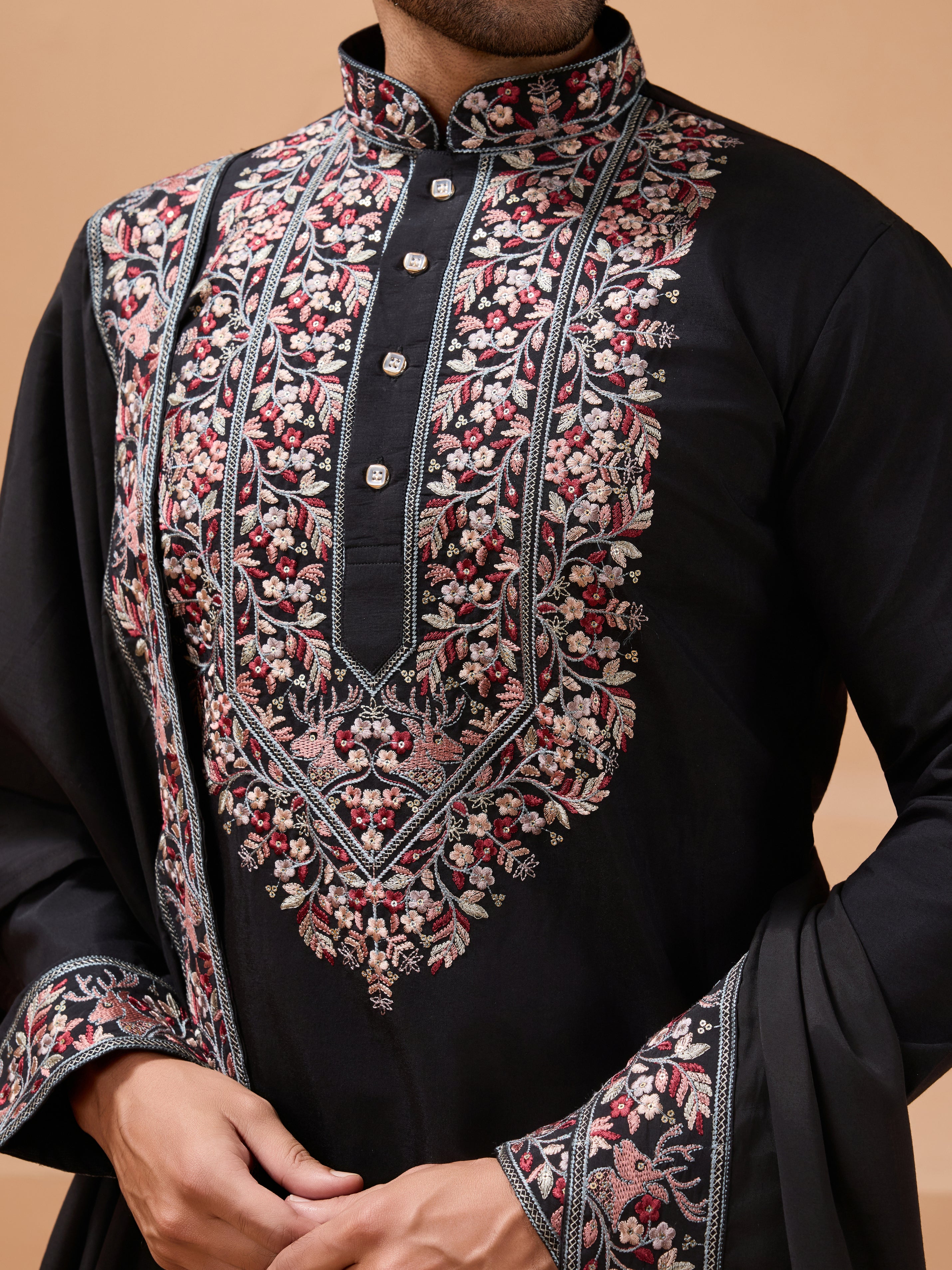 Luxury Wedding Look Black Kurta with Dupatta for Mens Wear
