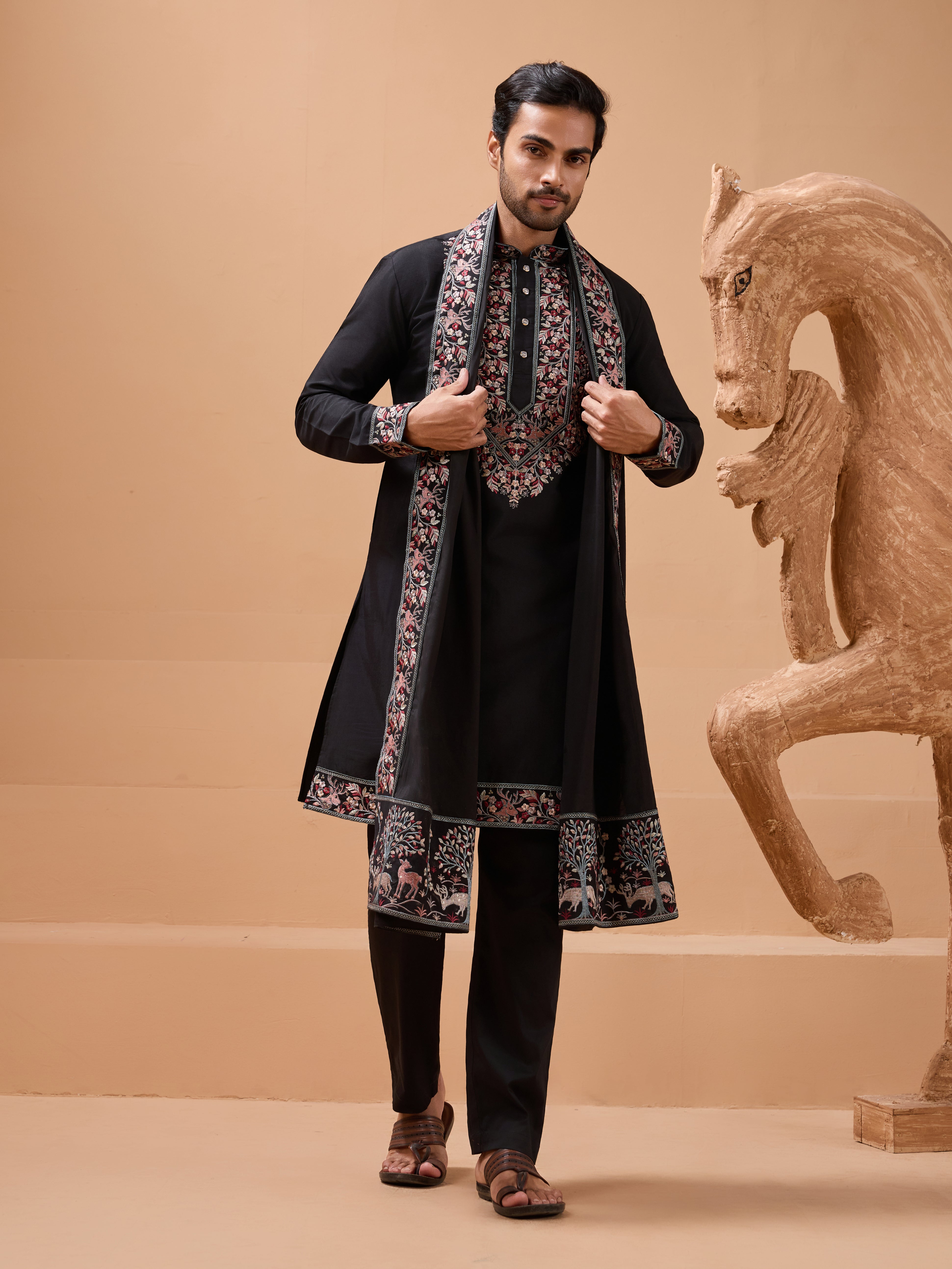 Luxury Wedding Look Black Kurta with Dupatta for Mens Wear