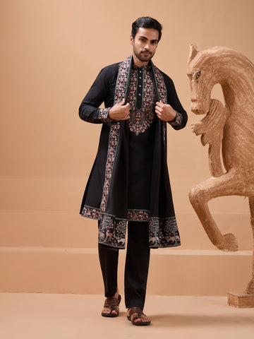 Luxury Wedding Look Black Kurta with Dupatta for Mens Wear