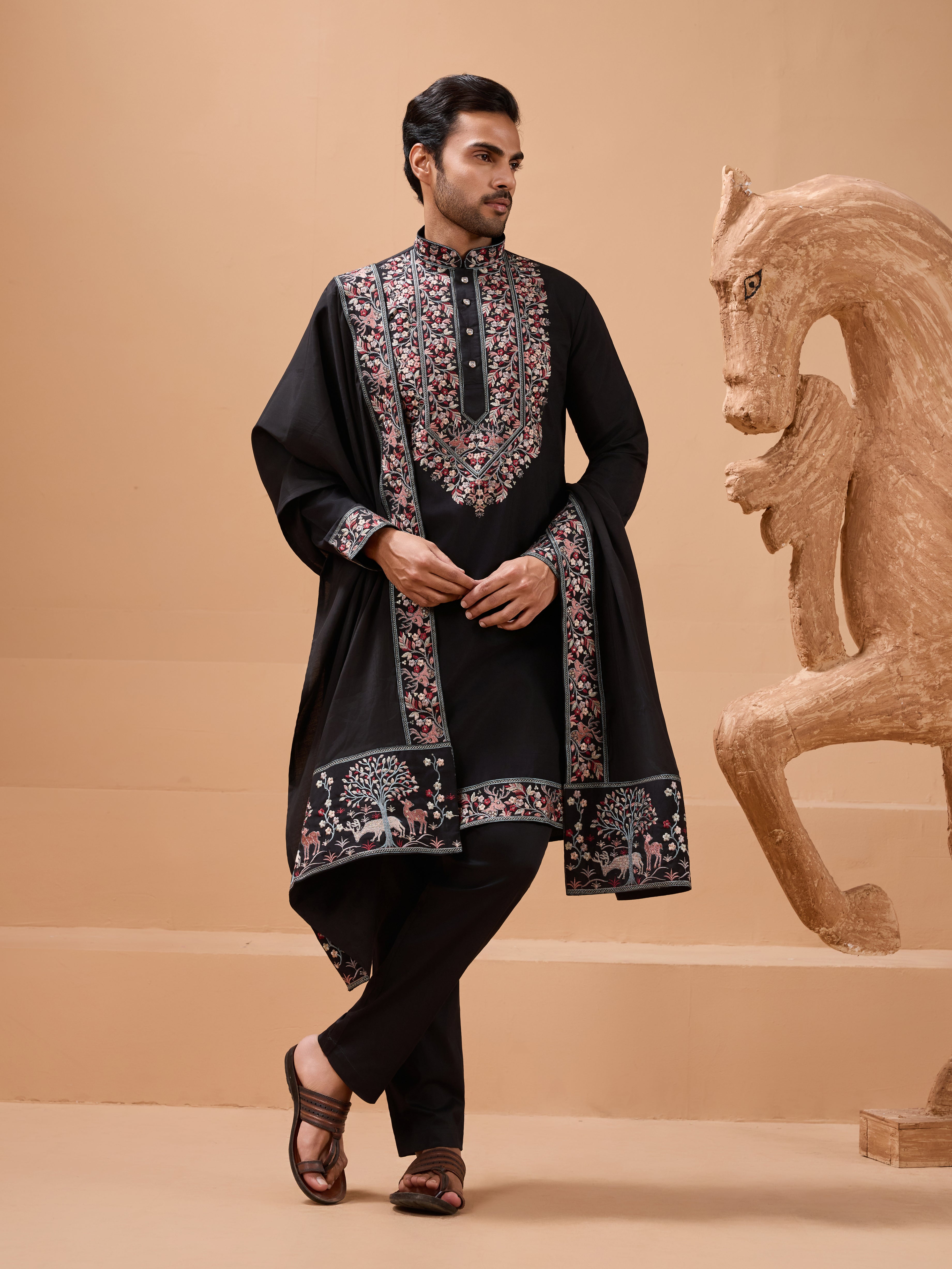 Luxury Wedding Look Black Kurta with Dupatta for Mens Wear