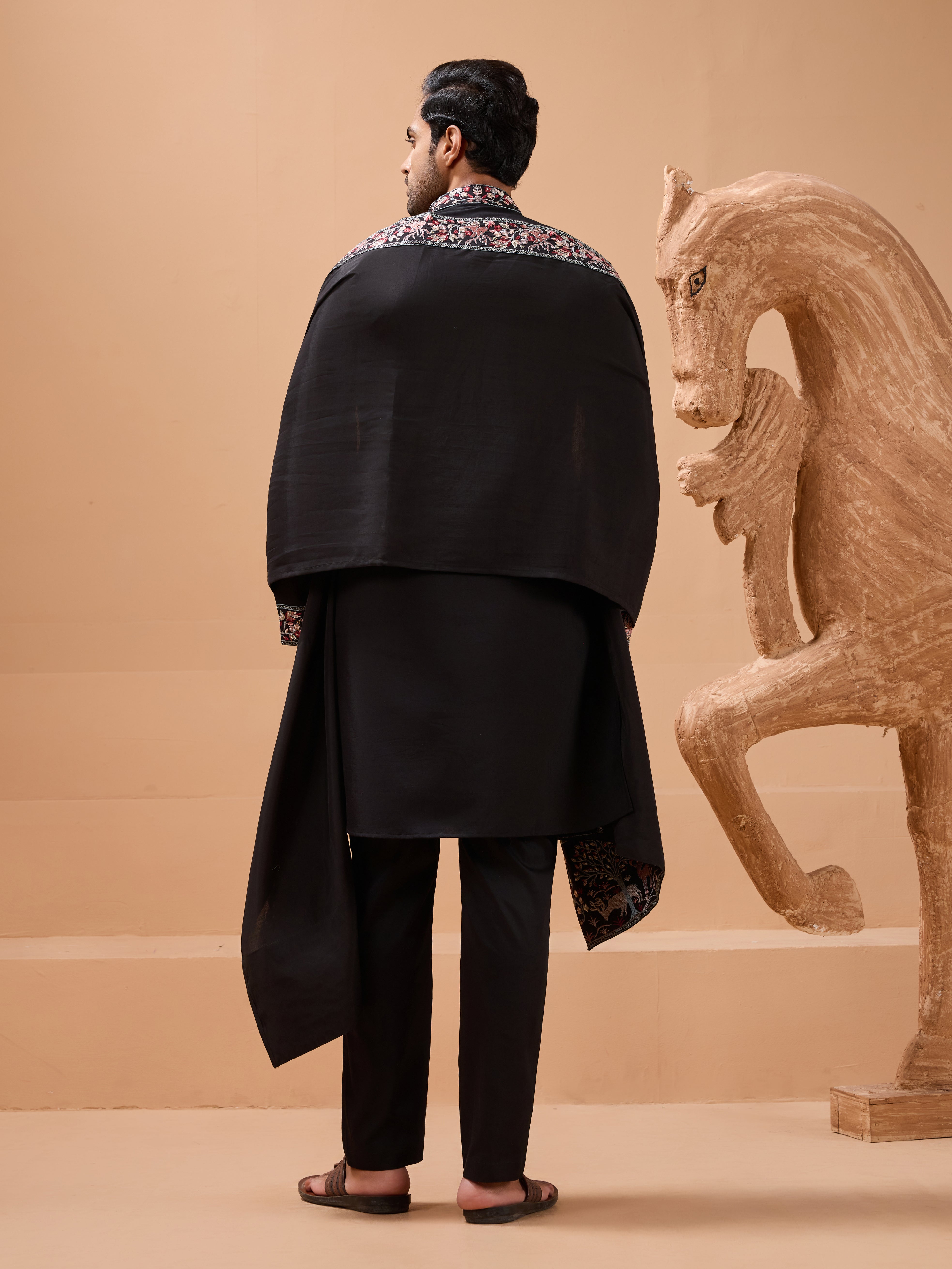 Luxury Wedding Look Black Kurta with Dupatta for Mens Wear