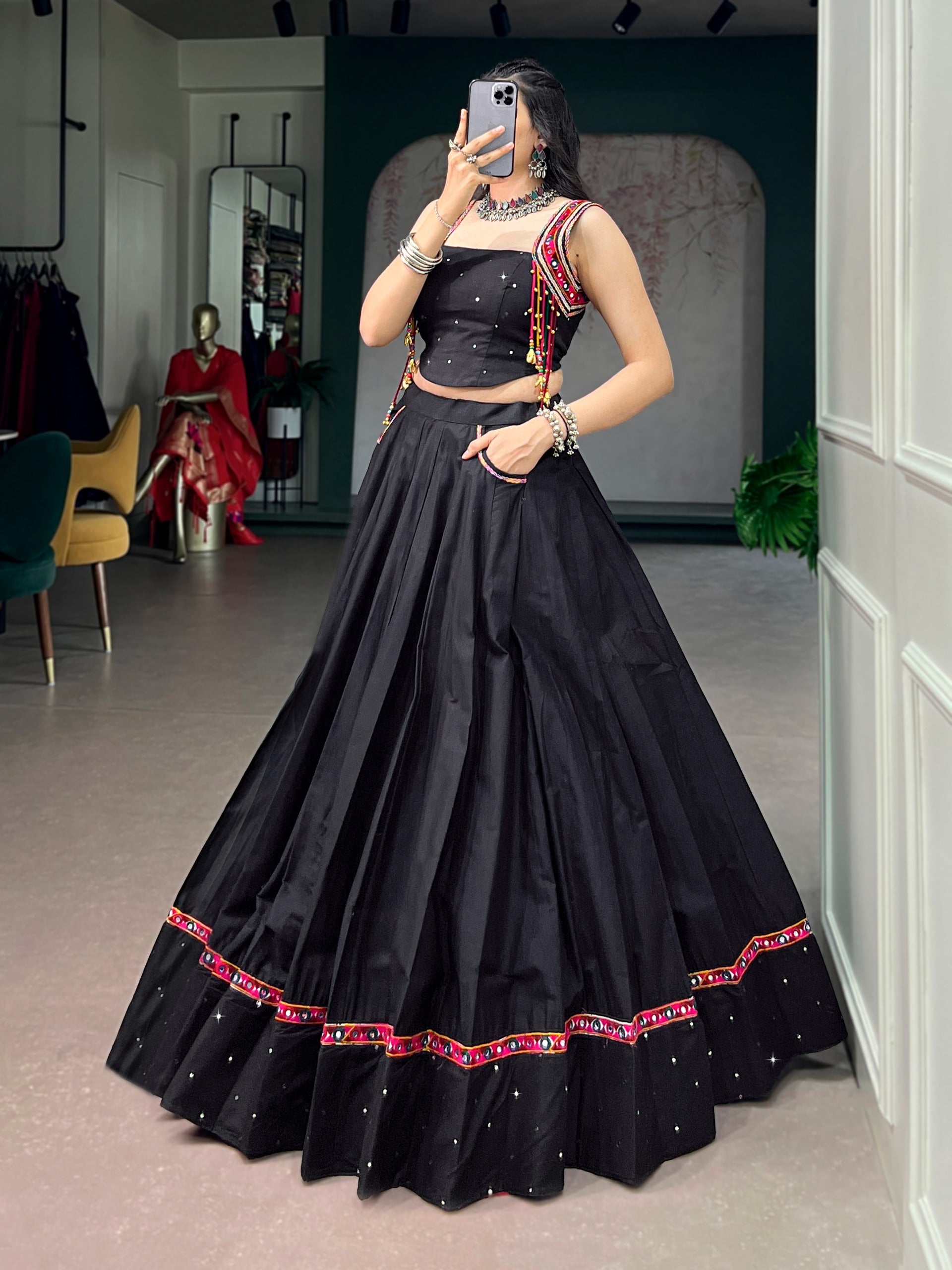 Traditional Black Kutchi Lace & Mirror Work Lehenga Choli for Navratri

