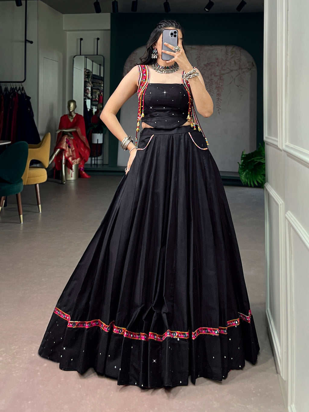 Traditional Black Kutchi Lace & Mirror Work Lehenga Choli for Navratri
