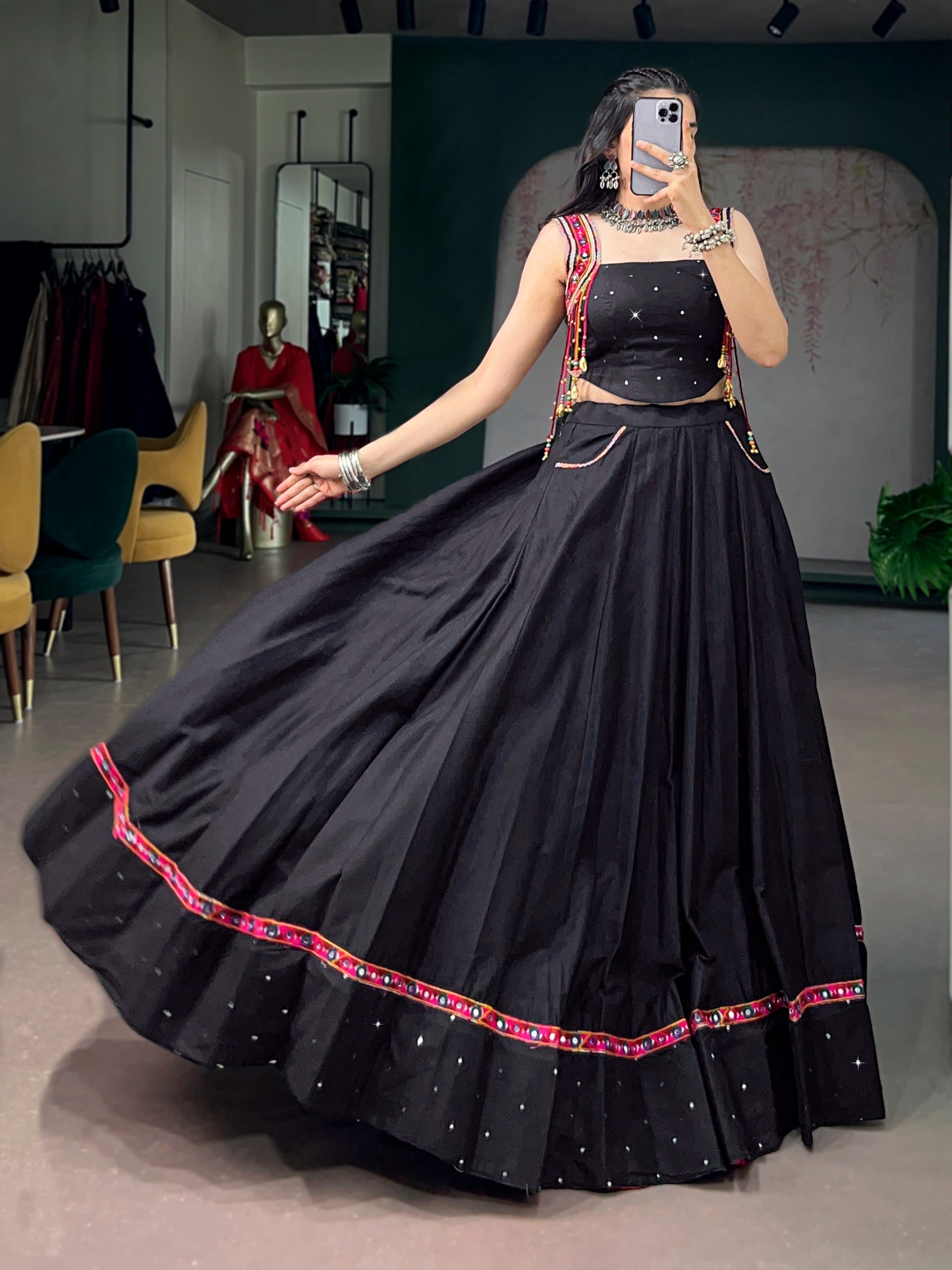 Traditional Black Kutchi Lace & Mirror Work Lehenga Choli for Navratri
