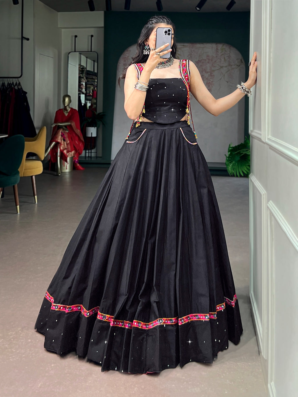 Traditional Black Kutchi Lace & Mirror Work Lehenga Choli for Navratri
