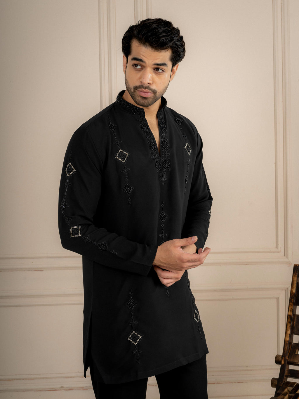 Black Lachka Cutdana Beads Kurta Set | Tulip Designer
