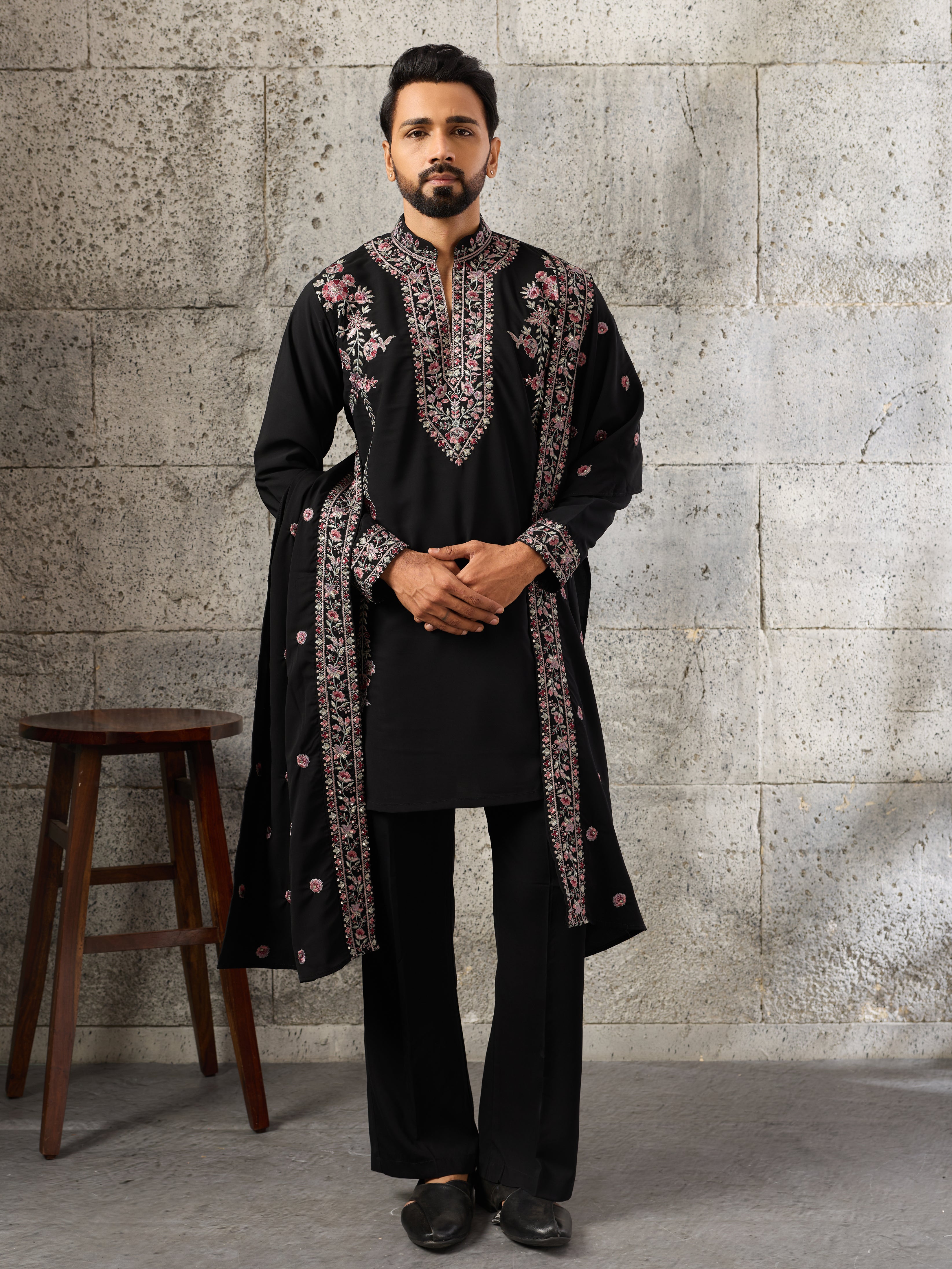 Shahi Black Japanese Lachka Festive Kurta Dupatta Pant Set
