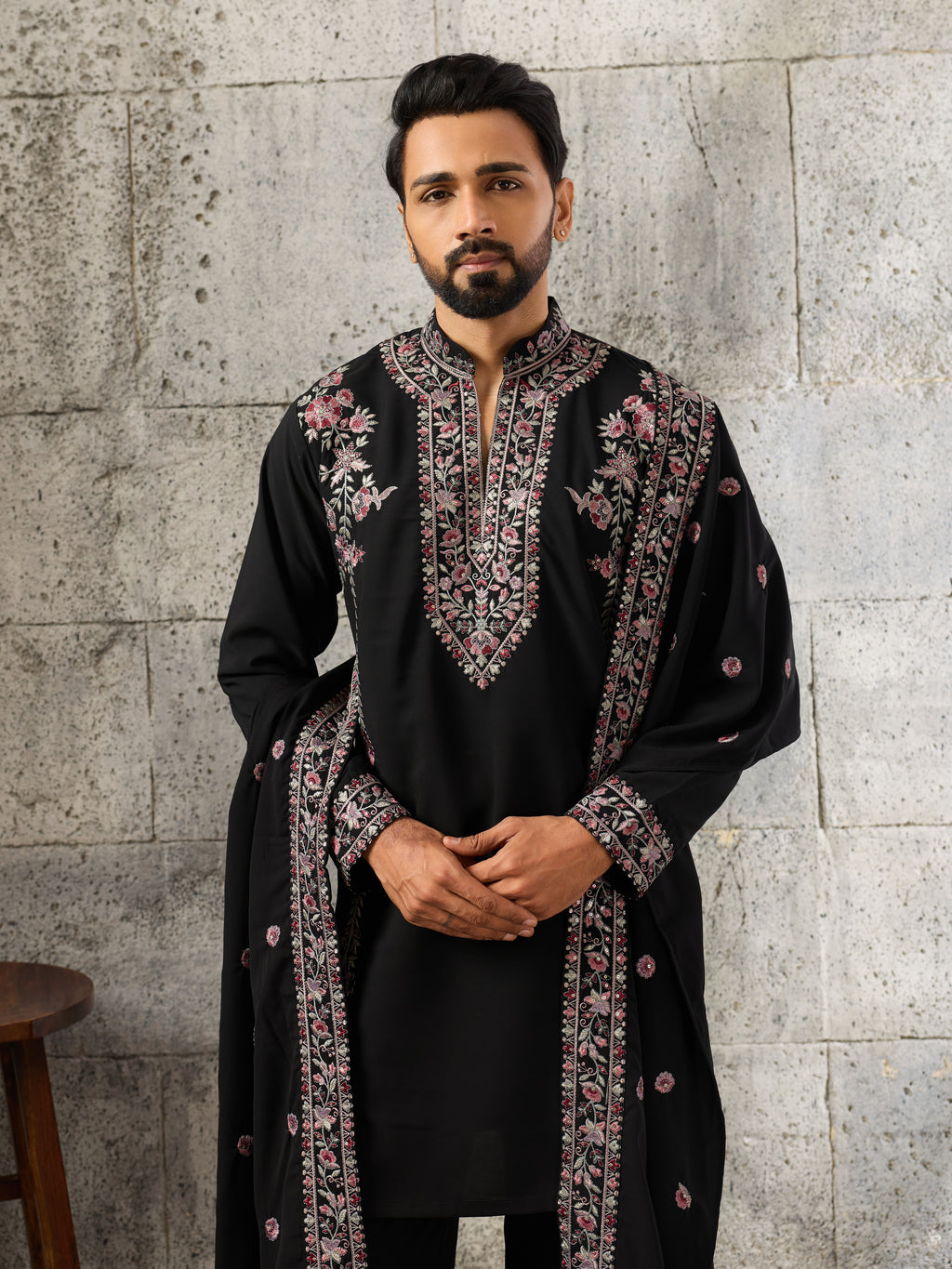 Shahi Black Japanese Lachka Festive Kurta Dupatta Pant Set
