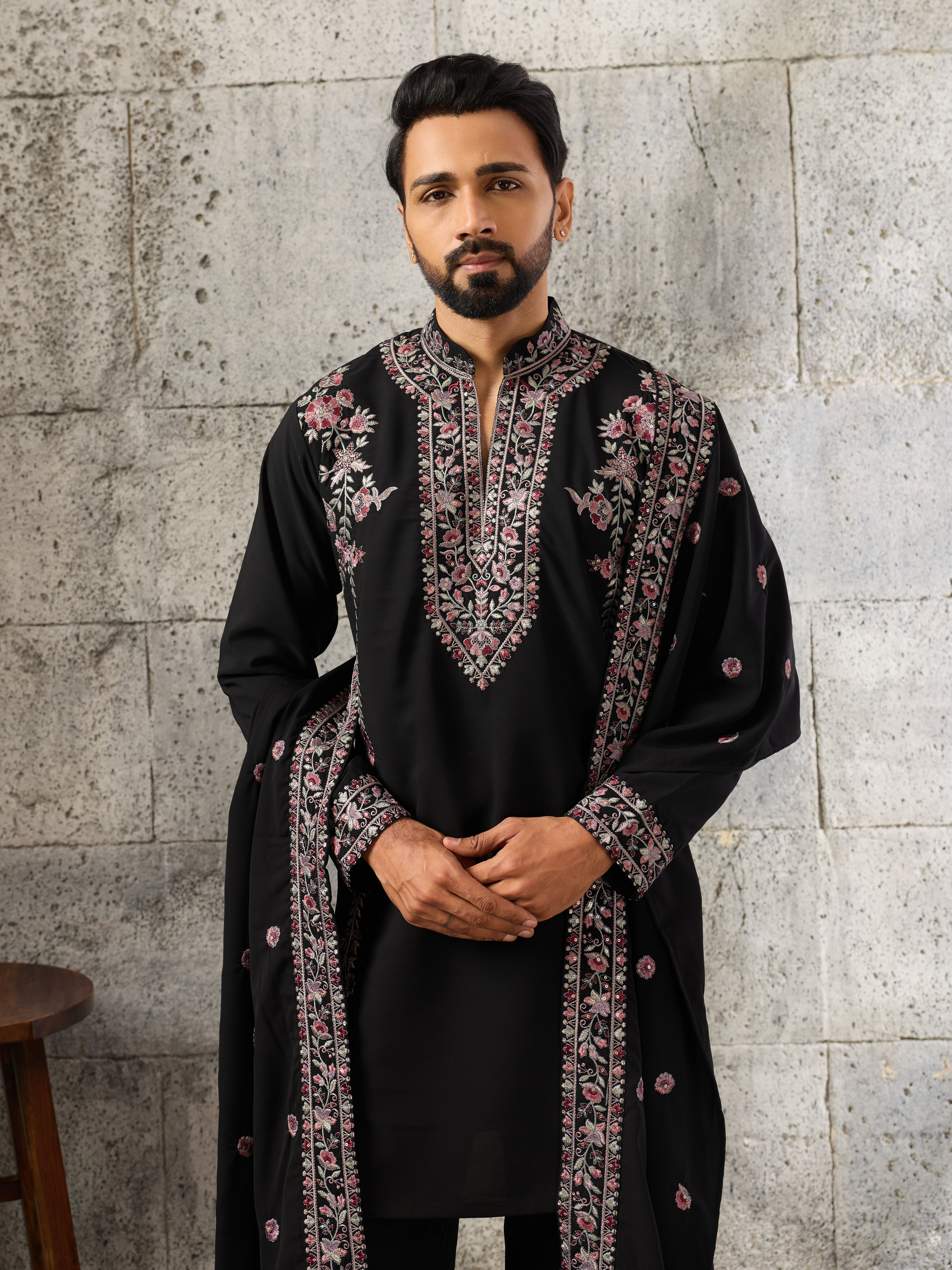 Shahi Black Japanese Lachka Festive Kurta Dupatta Pant Set
