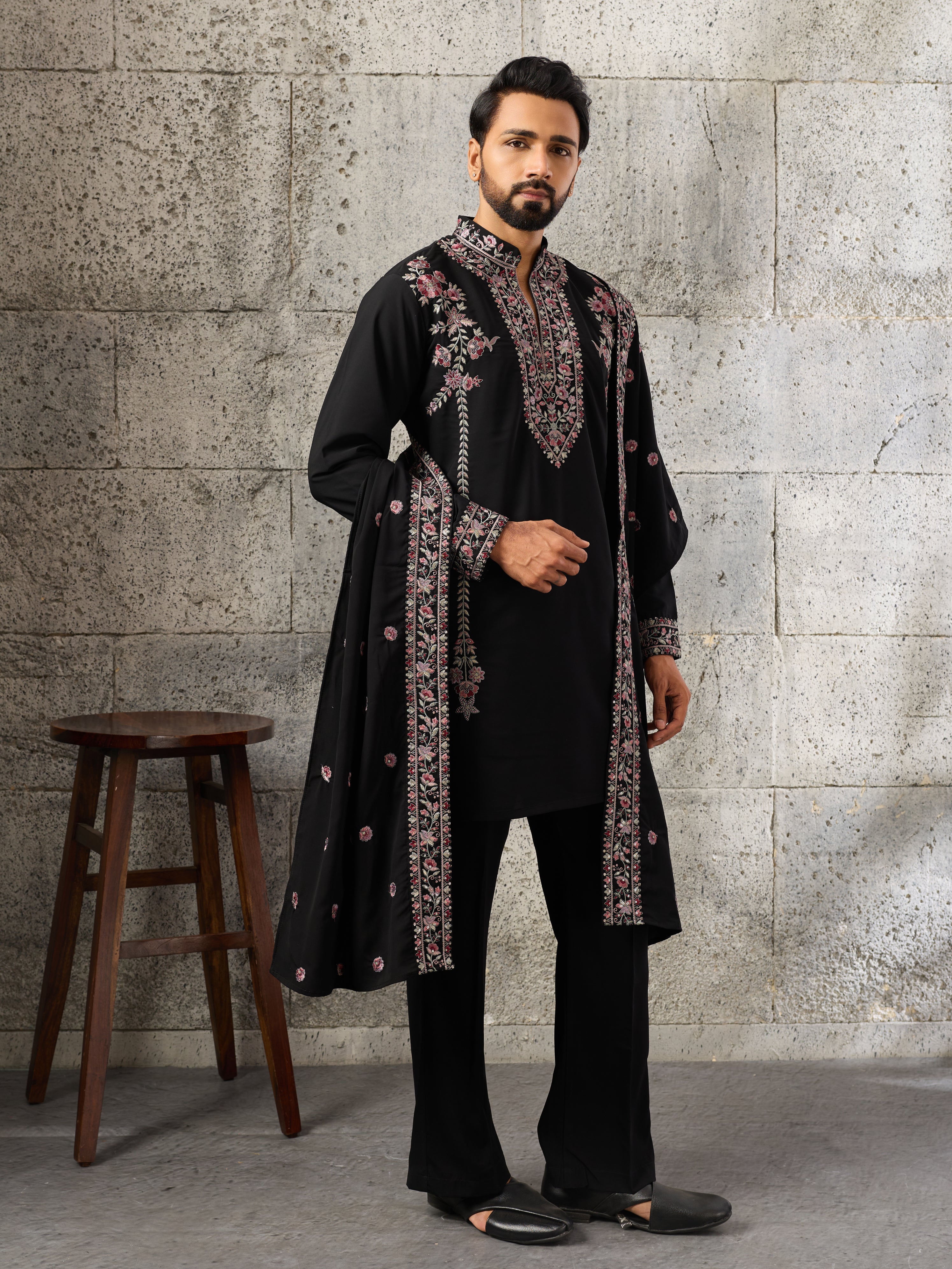Shahi Black Japanese Lachka Festive Kurta Dupatta Pant Set
