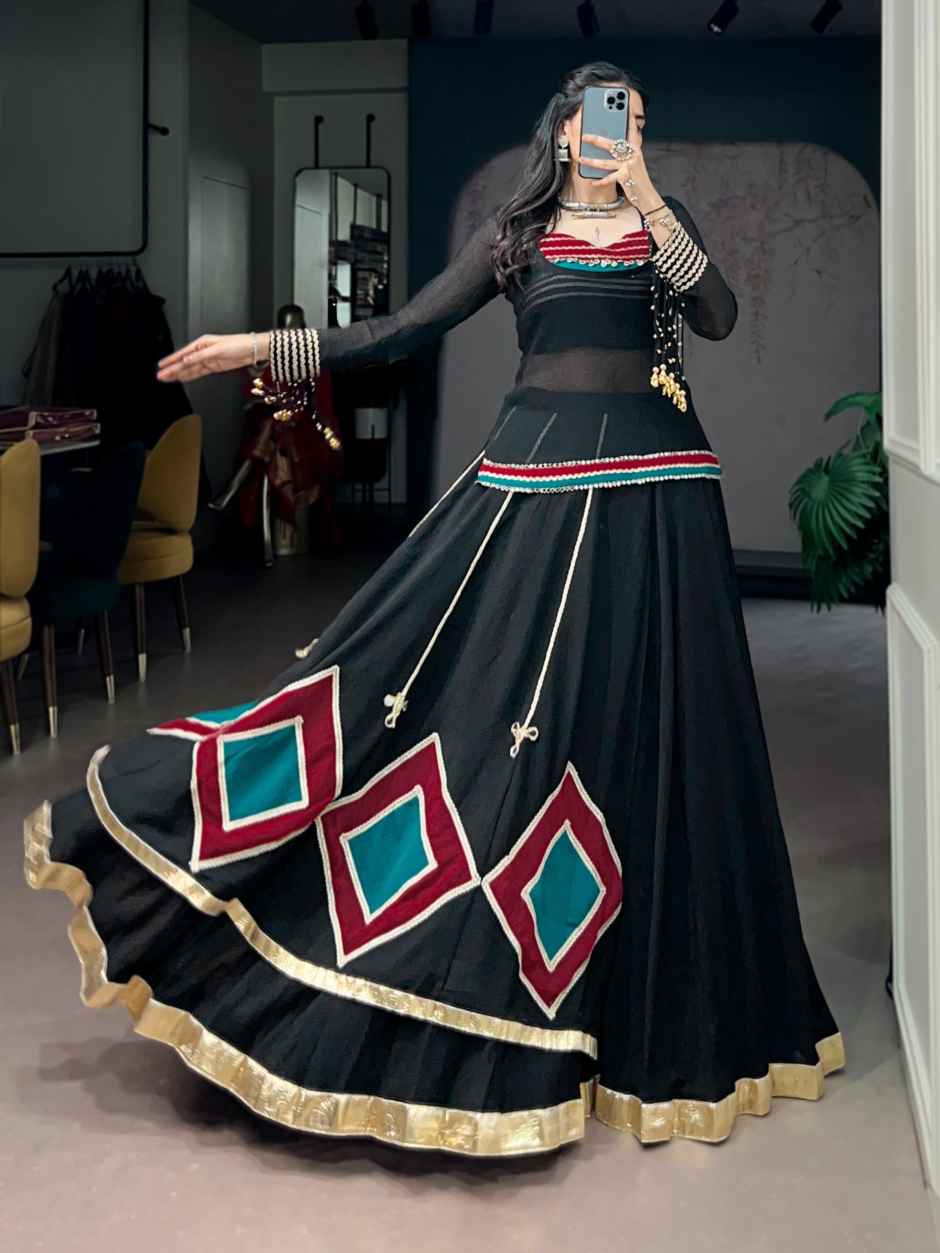 Ethnic Black Marble Base Navratri Lehenga Set with Tunic & Blouse
