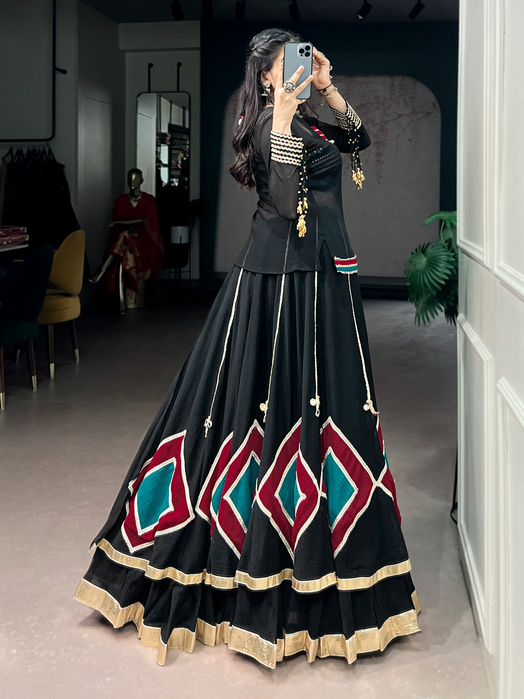 Ethnic Black Marble Base Navratri Lehenga Set with Tunic & Blouse
