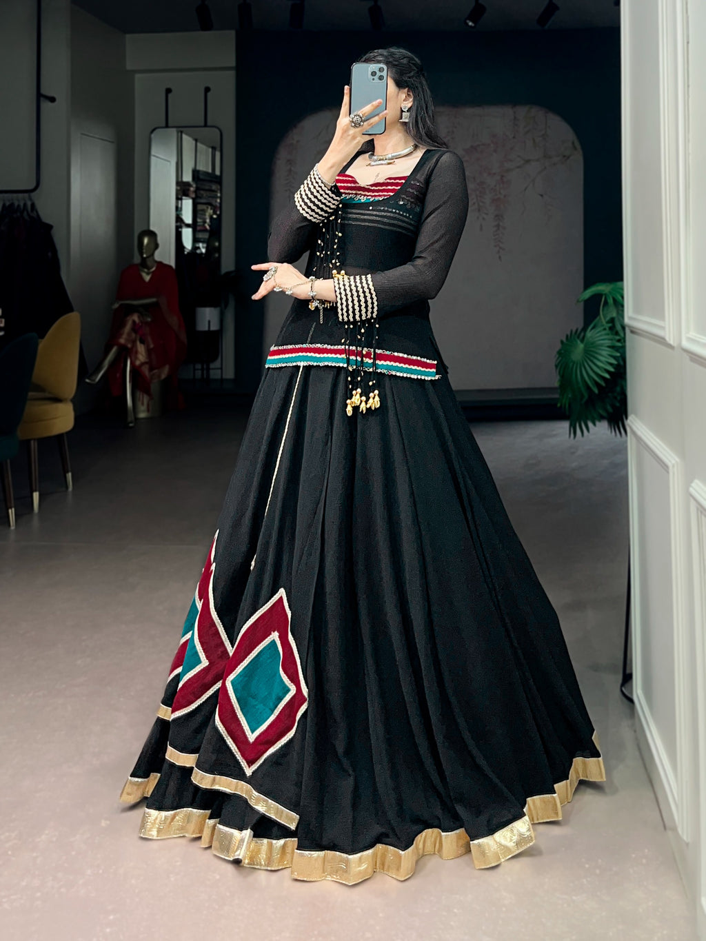 Ethnic Black Marble Base Navratri Lehenga Set with Tunic & Blouse
