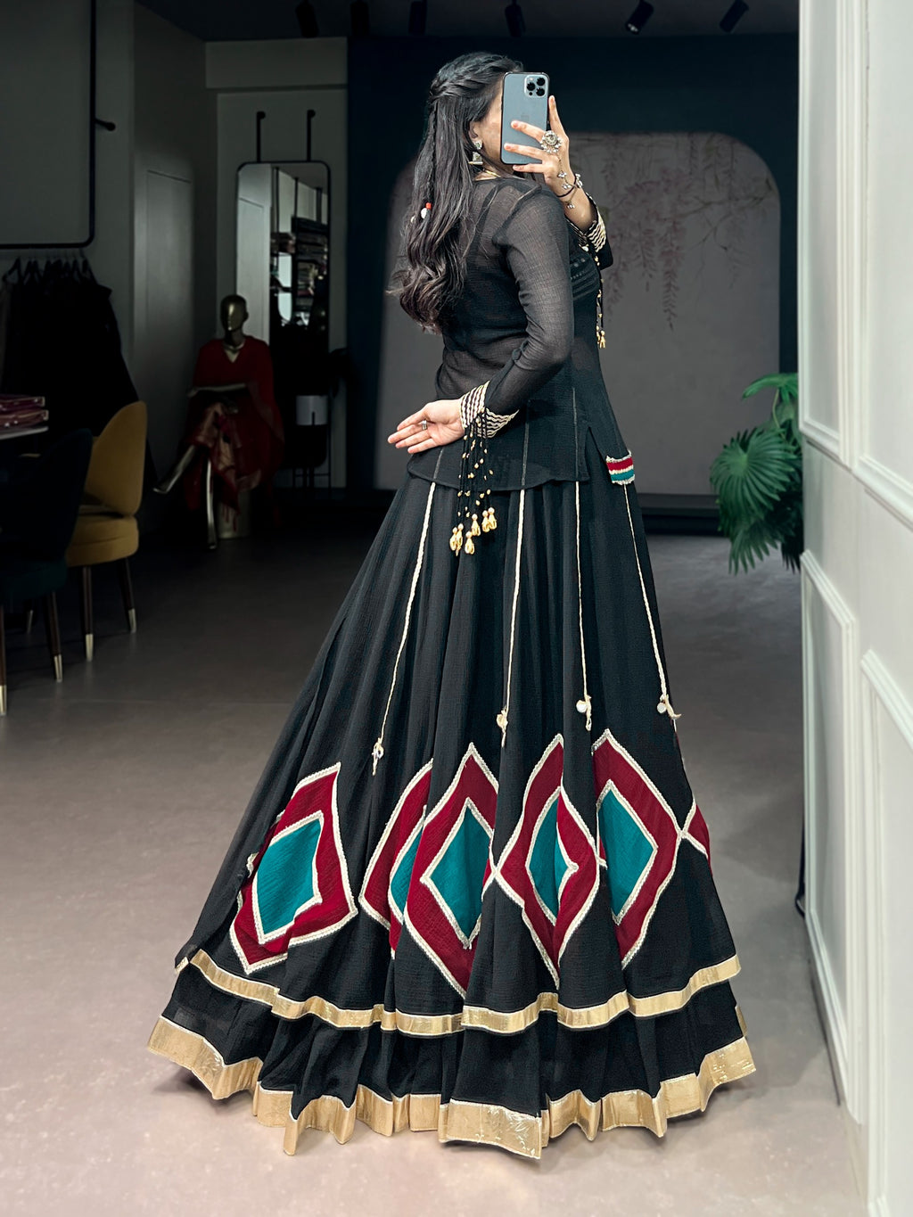 Ethnic Black Marble Base Navratri Lehenga Set with Tunic & Blouse
