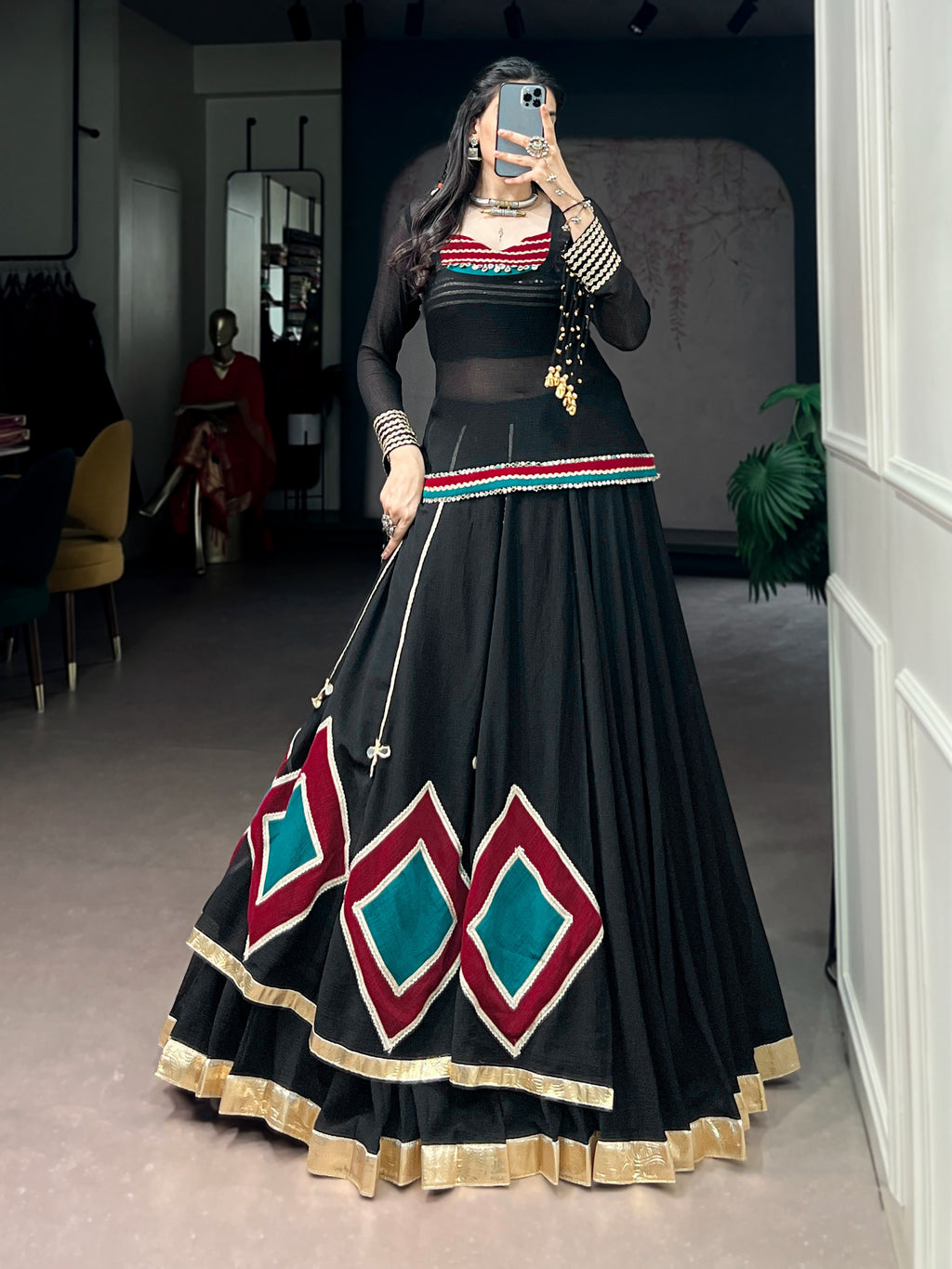 Ethnic Black Marble Base Navratri Lehenga Set with Tunic & Blouse
