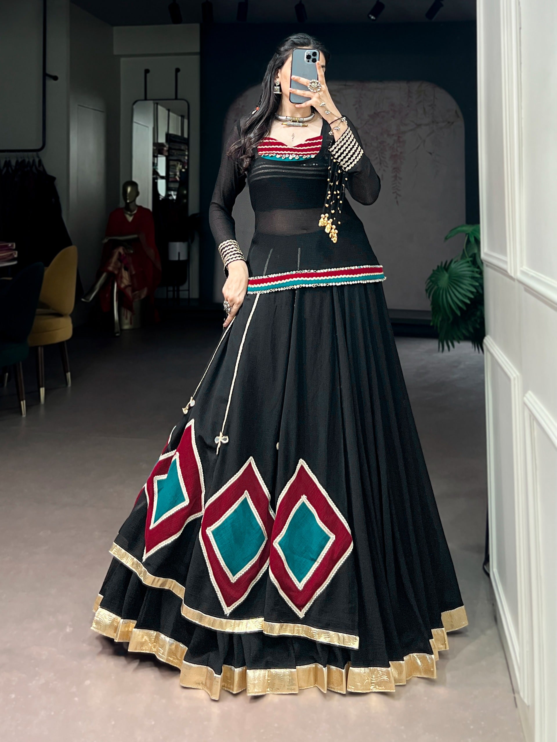 Ethnic Black Marble Base Navratri Lehenga Set with Tunic & Blouse
