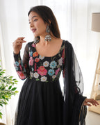 Pure Soft Organja Silk Fabric Fully Flair Kali Pattern And Canvas Patta With Dupatta Set, Pent Ready to Wear - Black