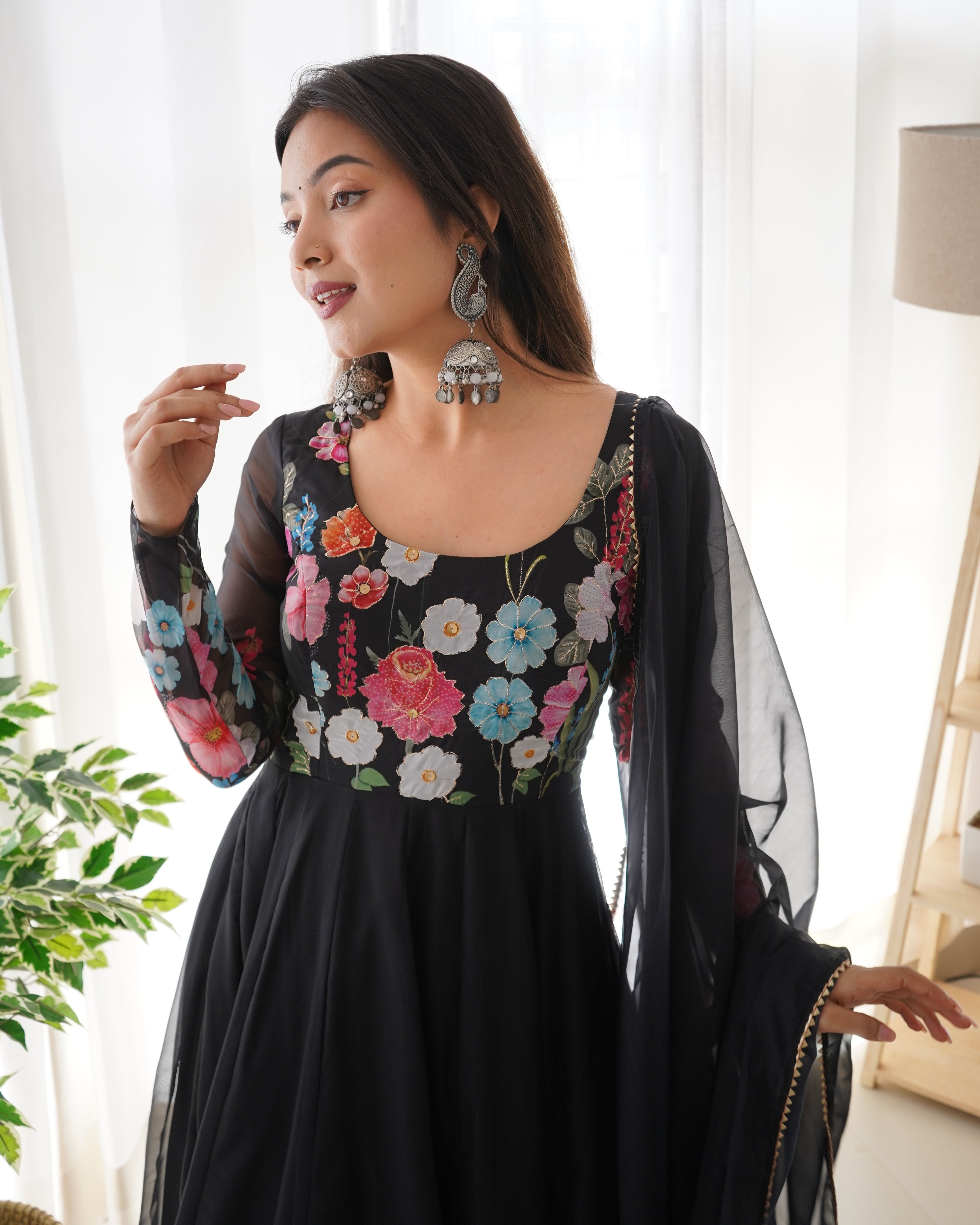 Pure Soft Organja Silk Fabric Fully Flair Kali Pattern And Canvas Patta With Dupatta Set, Pent Ready to Wear - Black