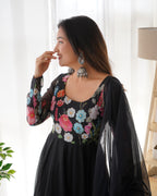 Pure Soft Organja Silk Fabric Fully Flair Kali Pattern And Canvas Patta With Dupatta Set, Pent Ready to Wear - Black