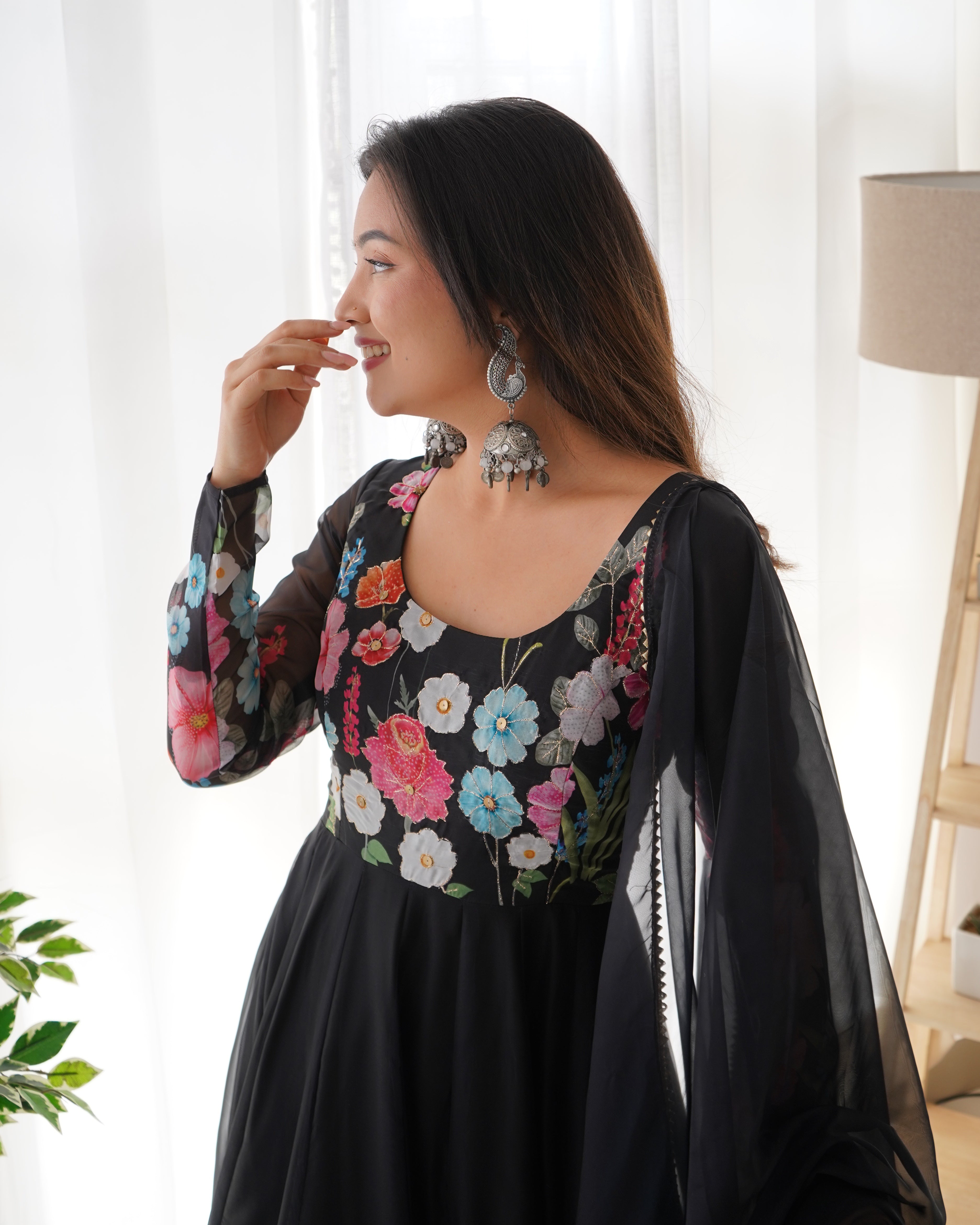 Pure Soft Organja Silk Fabric Fully Flair Kali Pattern And Canvas Patta With Dupatta Set, Pent Ready to Wear - Black