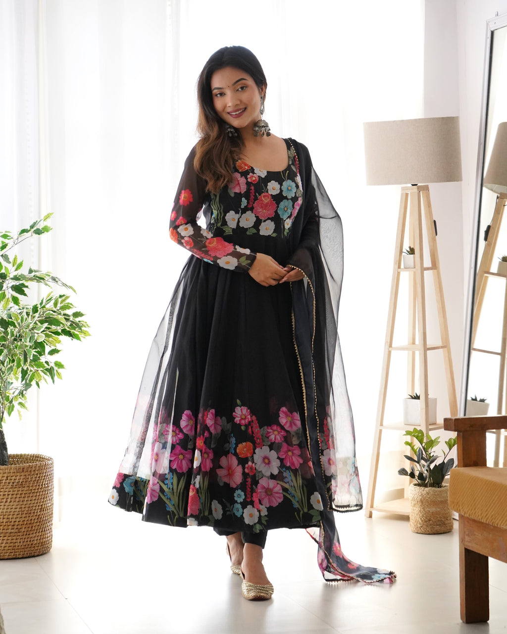 Pure Soft Organja Silk Fabric Fully Flair Kali Pattern And Canvas Patta With Dupatta Set, Pent Ready to Wear - Black