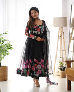 Pure Soft Organja Silk Fabric Fully Flair Kali Pattern And Canvas Patta With Dupatta Set, Pent Ready to Wear - Black