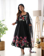 Pure Soft Organja Silk Fabric Fully Flair Kali Pattern And Canvas Patta With Dupatta Set, Pent Ready to Wear - Black