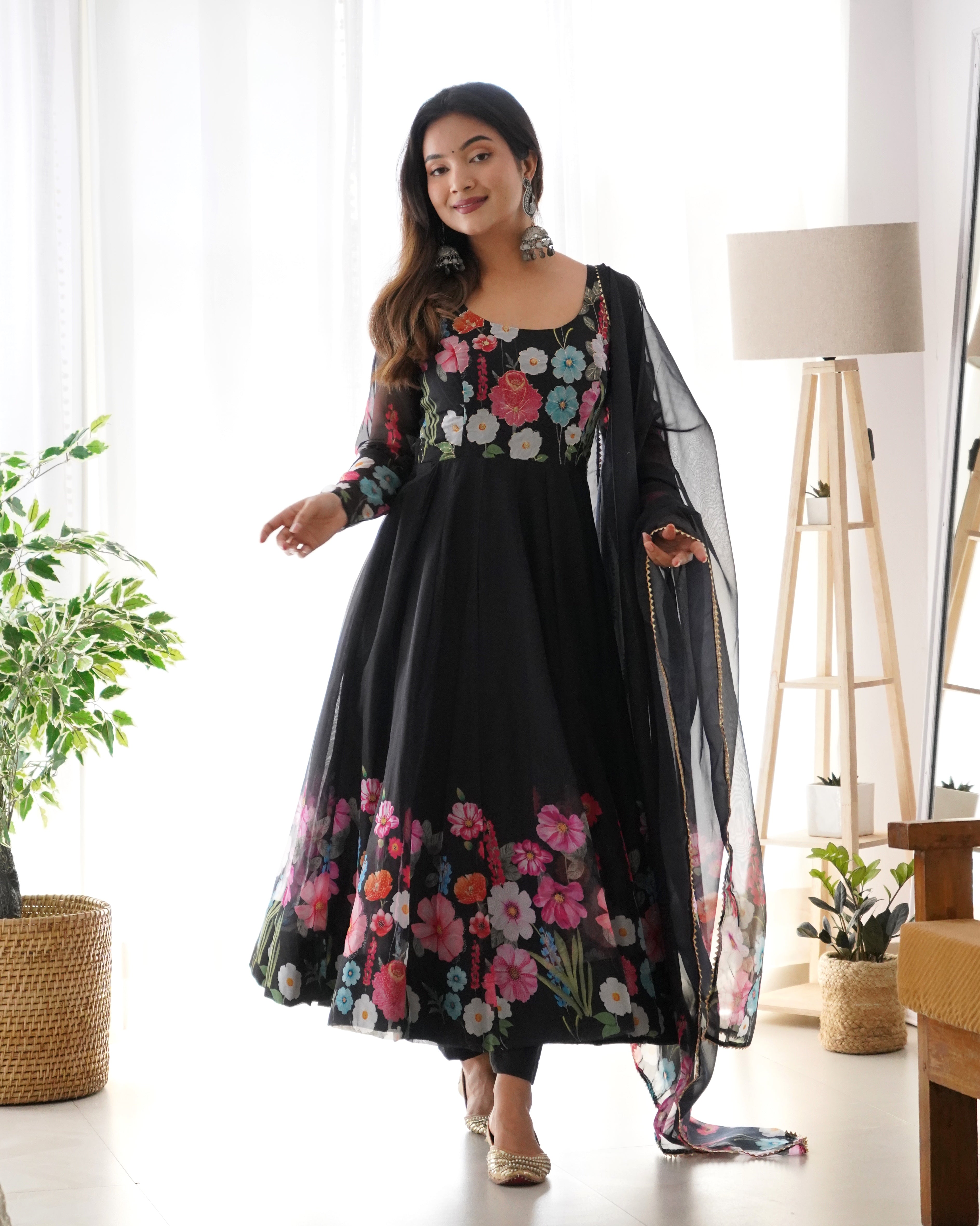 Pure Soft Organja Silk Fabric Fully Flair Kali Pattern And Canvas Patta With Dupatta Set, Pent Ready to Wear - Black