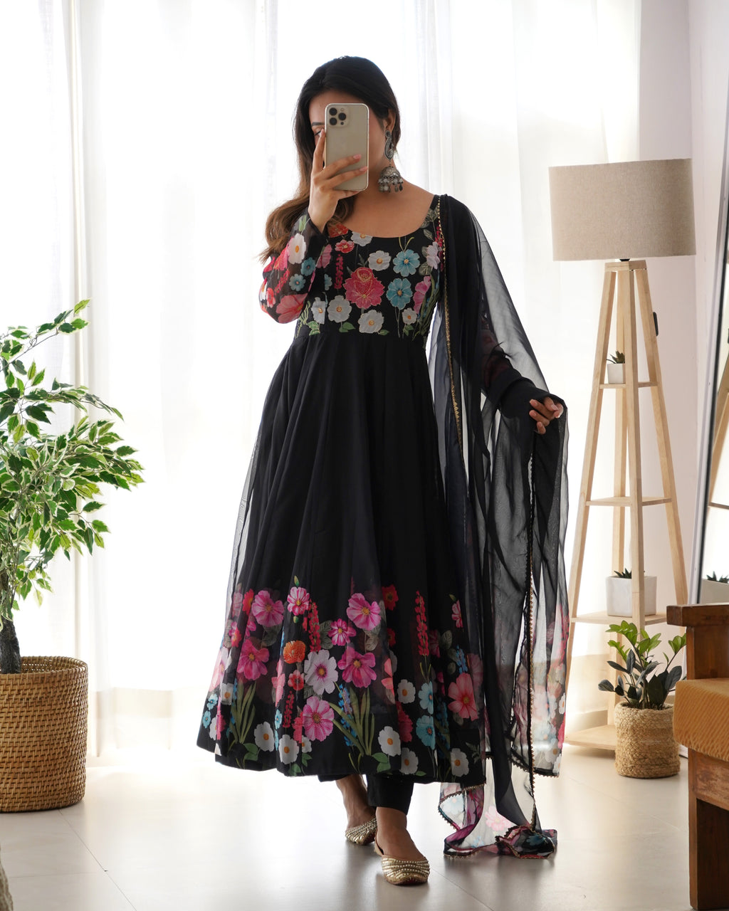 Pure Soft Organja Silk Fabric Fully Flair Kali Pattern And Canvas Patta With Dupatta Set, Pent Ready to Wear - Black
