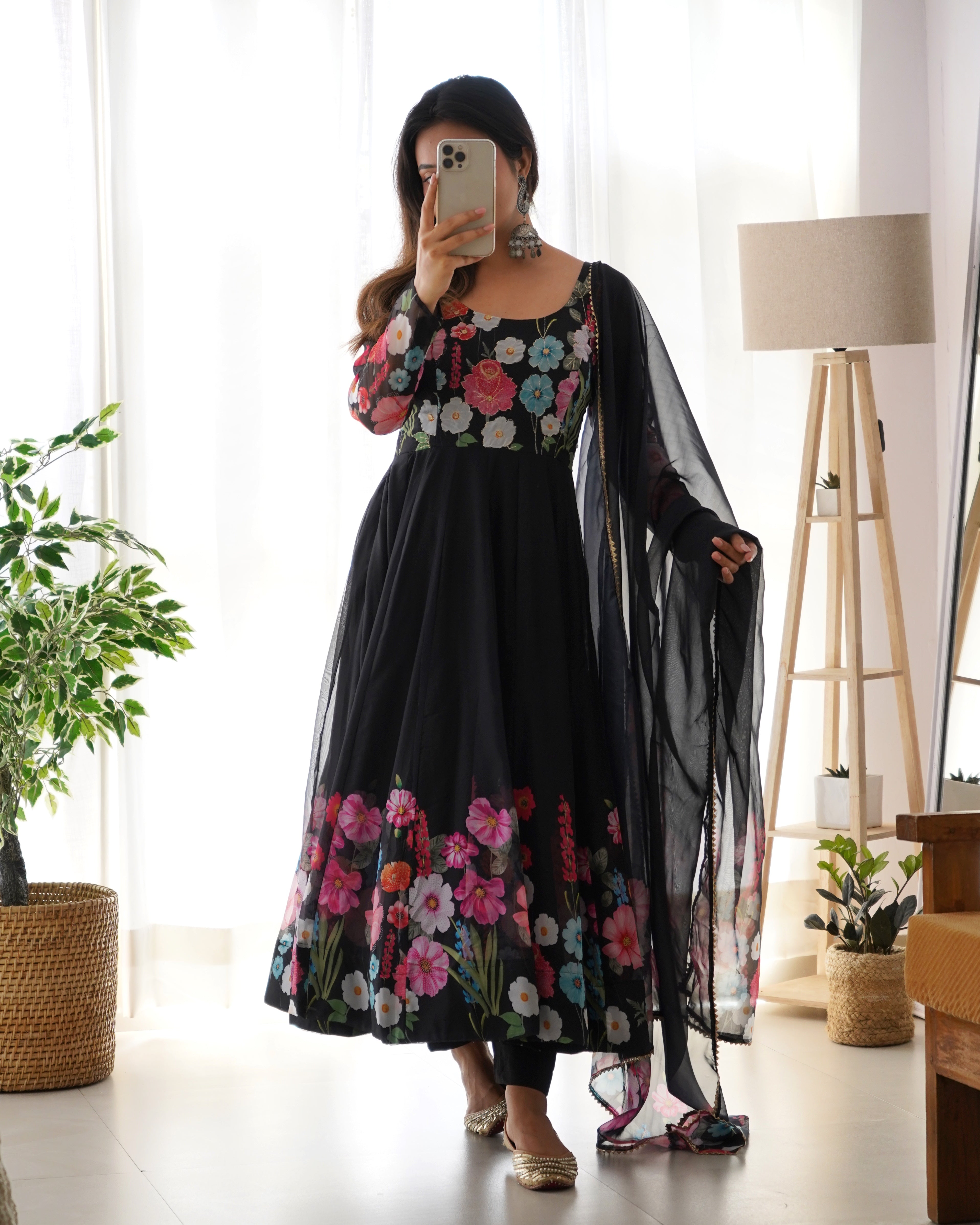 Pure Soft Organja Silk Fabric Fully Flair Kali Pattern And Canvas Patta With Dupatta Set, Pent Ready to Wear - Black
