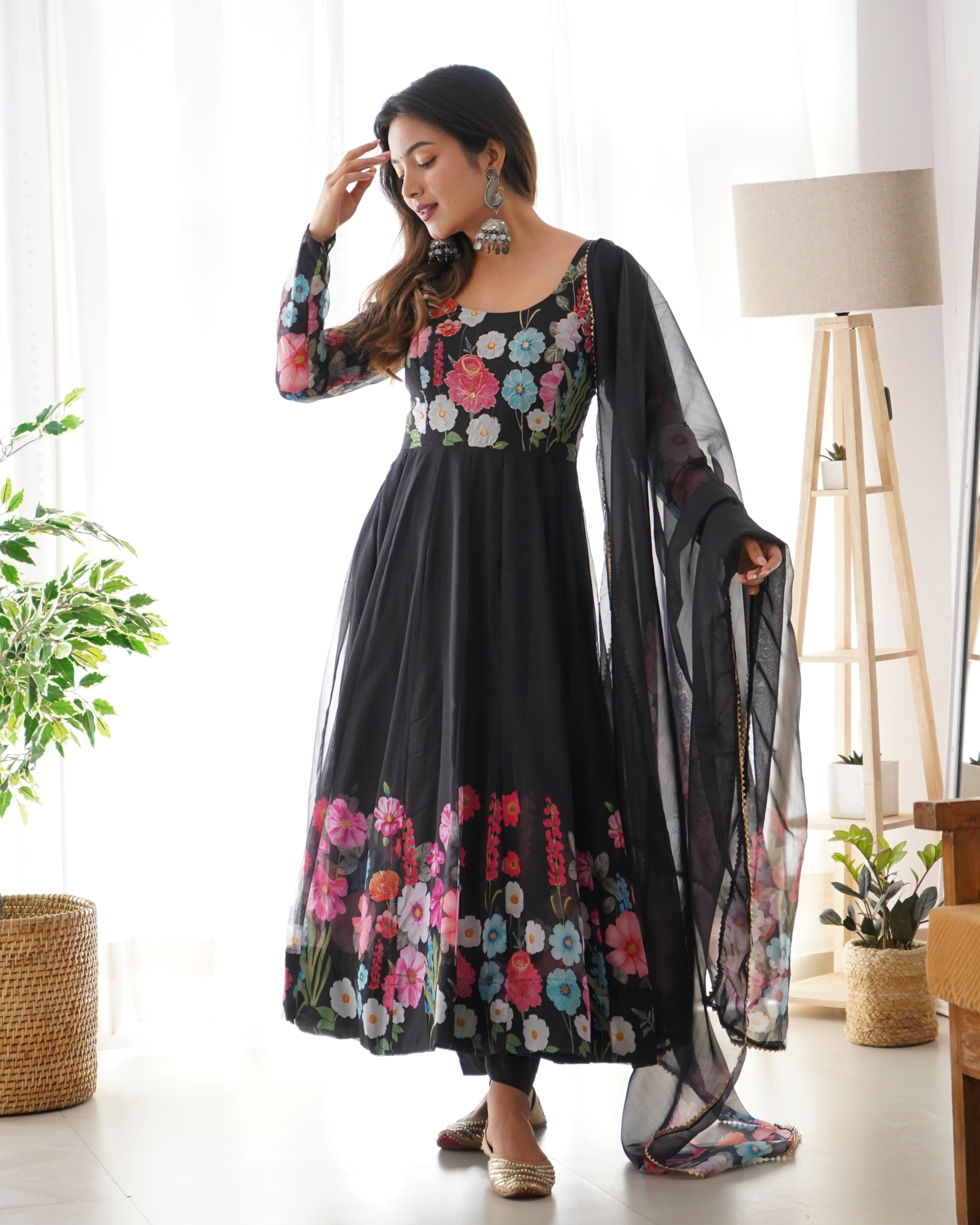 Pure Soft Organja Silk Fabric Fully Flair Kali Pattern And Canvas Patta With Dupatta Set, Pent Ready to Wear - Black
