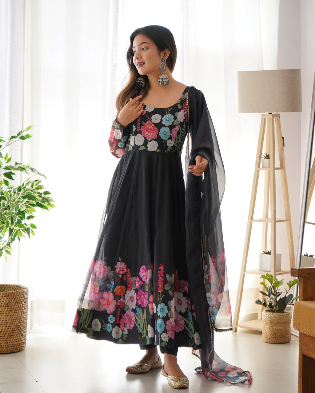 Pure Soft Organja Silk Fabric Fully Flair Kali Pattern And Canvas Patta With Dupatta Set, Pent Ready to Wear - Black