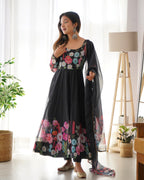 Pure Soft Organja Silk Fabric Fully Flair Kali Pattern And Canvas Patta With Dupatta Set, Pent Ready to Wear - Black
