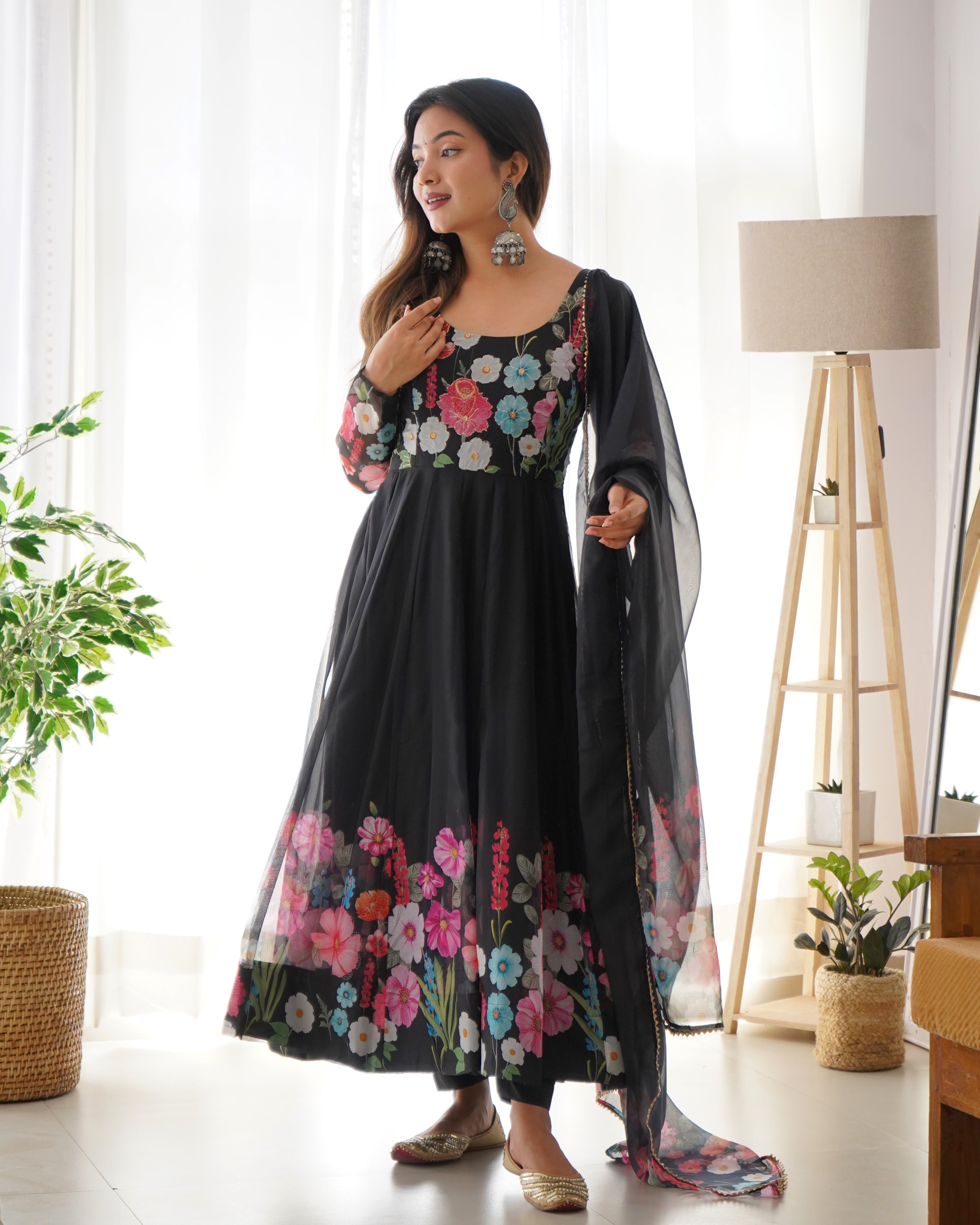 Pure Soft Organja Silk Fabric Fully Flair Kali Pattern And Canvas Patta With Dupatta Set, Pent Ready to Wear - Black