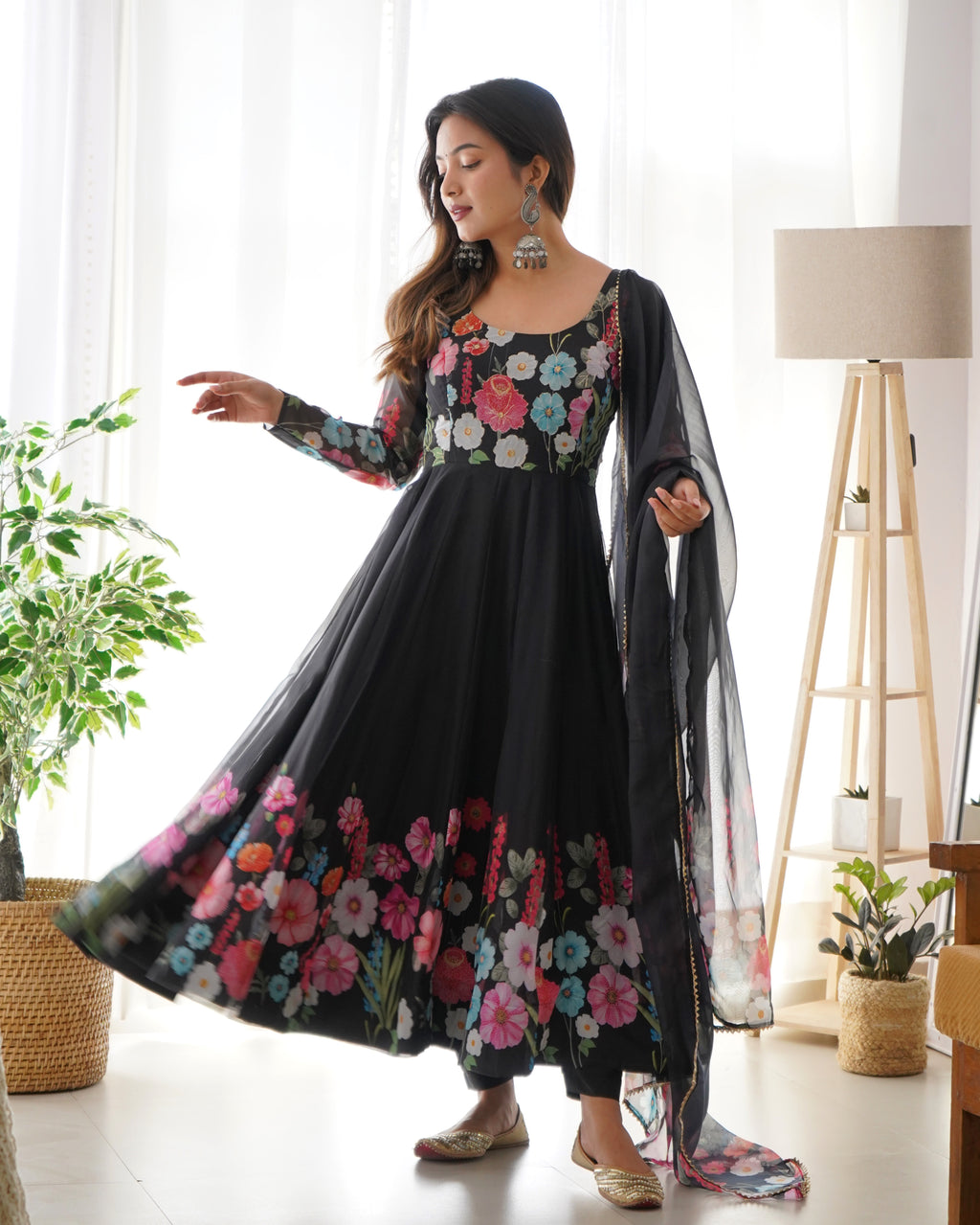 Pure Soft Organja Silk Fabric Fully Flair Kali Pattern And Canvas Patta With Dupatta Set, Pent Ready to Wear - Black