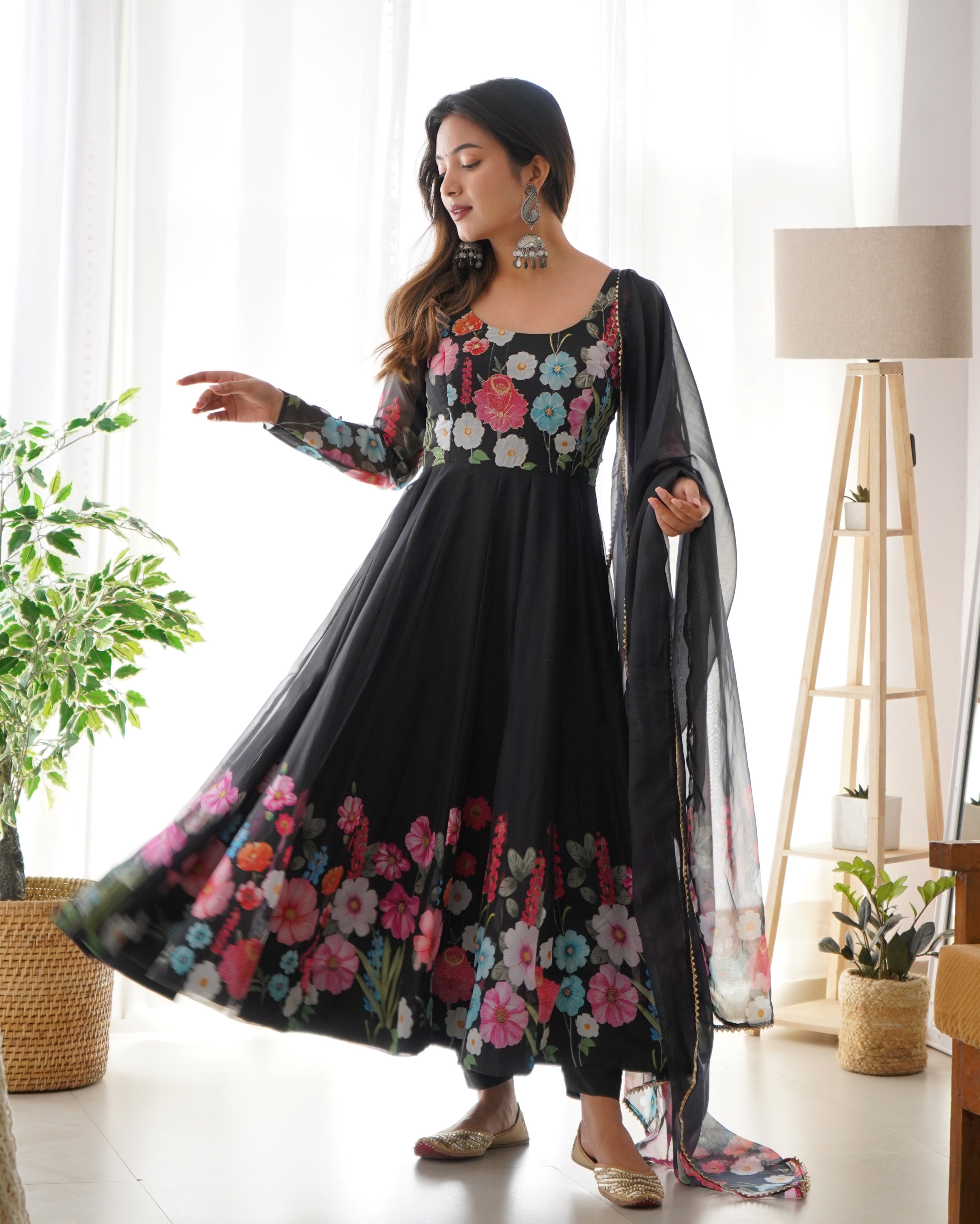 Pure Soft Organja Silk Fabric Fully Flair Kali Pattern And Canvas Patta With Dupatta Set, Pent Ready to Wear - Black