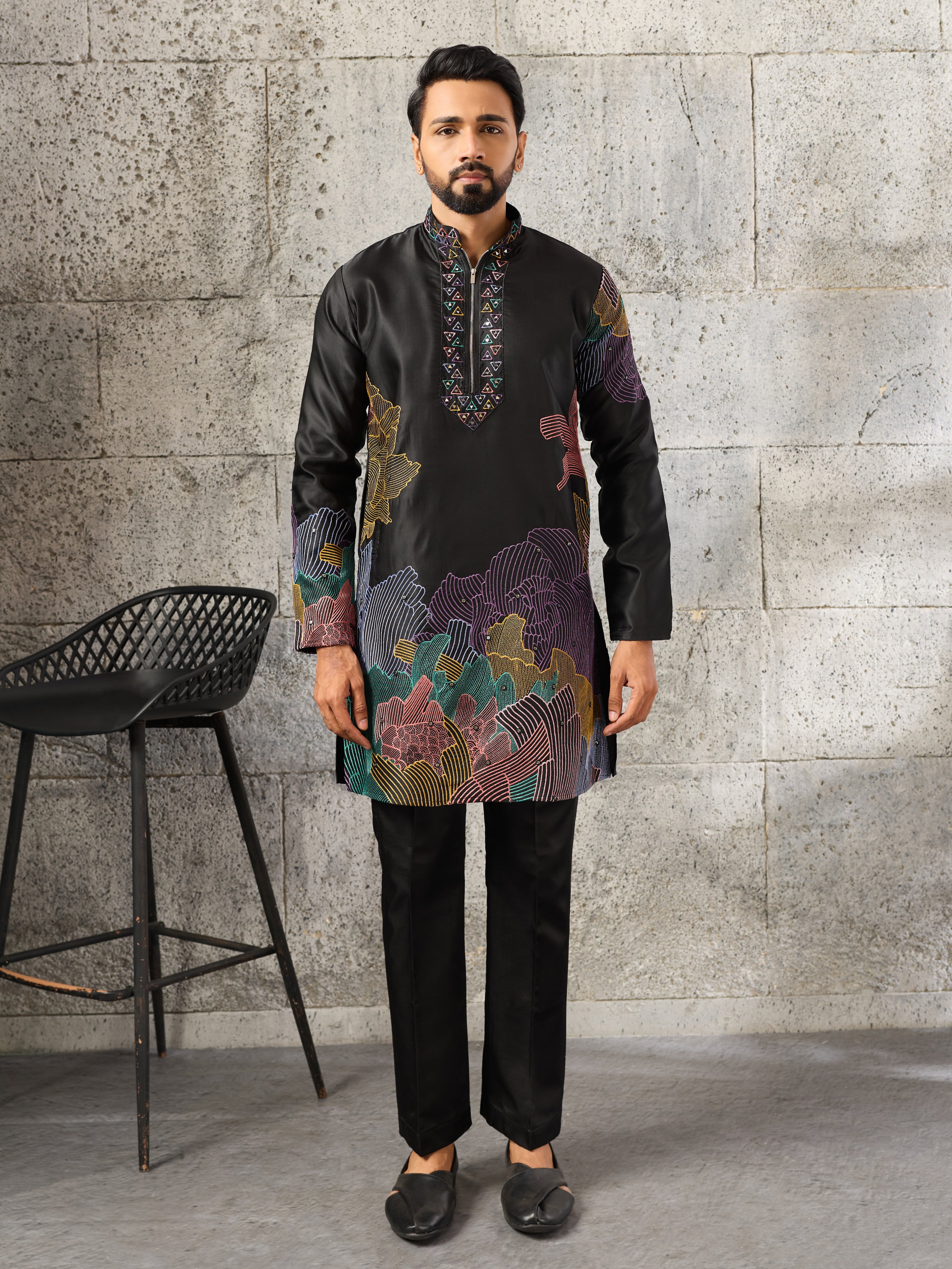 Bold Black Premium Soft Silk Thread Embroidered Kurta Pant Set
